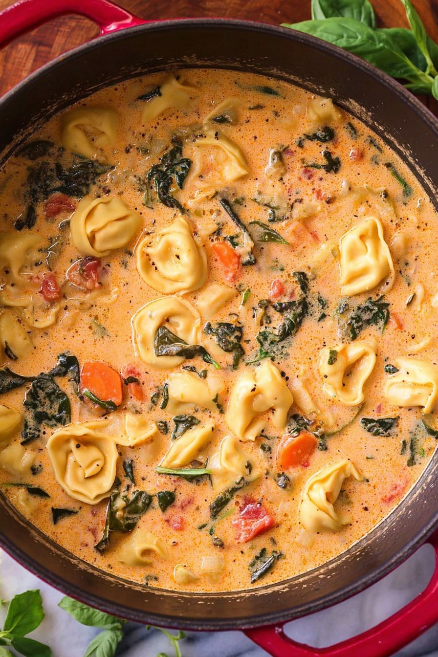 A close-up view of a large black pot with red handles filled with creamy soup. The soup shows three main layers: a thick, light orange creamy broth as the base, with soft tortellini pasta pieces in pale yellow scattered throughout, bright orange carrot slices, and dark green leafy vegetables mixed evenly in the broth. Small bits of red tomato chunks are also visible, adding more color contrast. The pot is placed on a white marbled surface, with fresh green leaves slightly visible in the corner. photo taken with an iphone --ar 2:3 --v 7