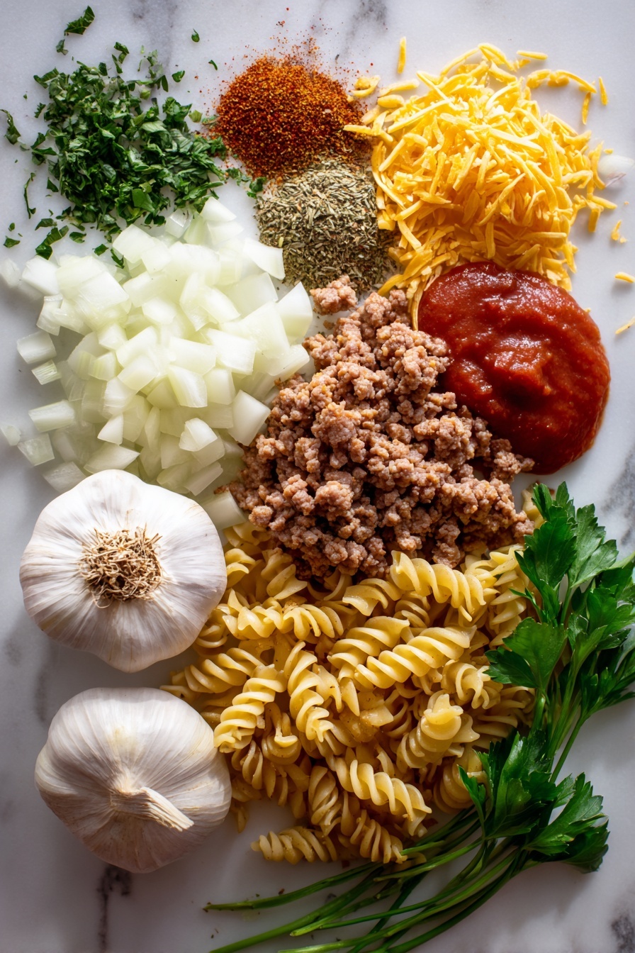 Vegan Cheeseburger Pasta - Flat lay of fresh diced yellow onion with its bright pale yellow and white layers, whole plump garlic cloves showing smooth white skins, rich brown vegan ground beef alternative with a crumbly texture, vibrant red tomato sauce in a small natural puddle, bright green fresh parsley leaves scattered gently, warm golden shredded vegan cheddar cheese strands, rustic reddish-brown chili powder sprinkled beside dried oregano leaves with a muted green tone, alongside uncooked rotini pasta with a creamy off-white color and twisted shape, all beautifully arranged with natural light highlights and soft shadows, placed on white marbled surface, photo taken with an iphone --ar 2:3 --v 7