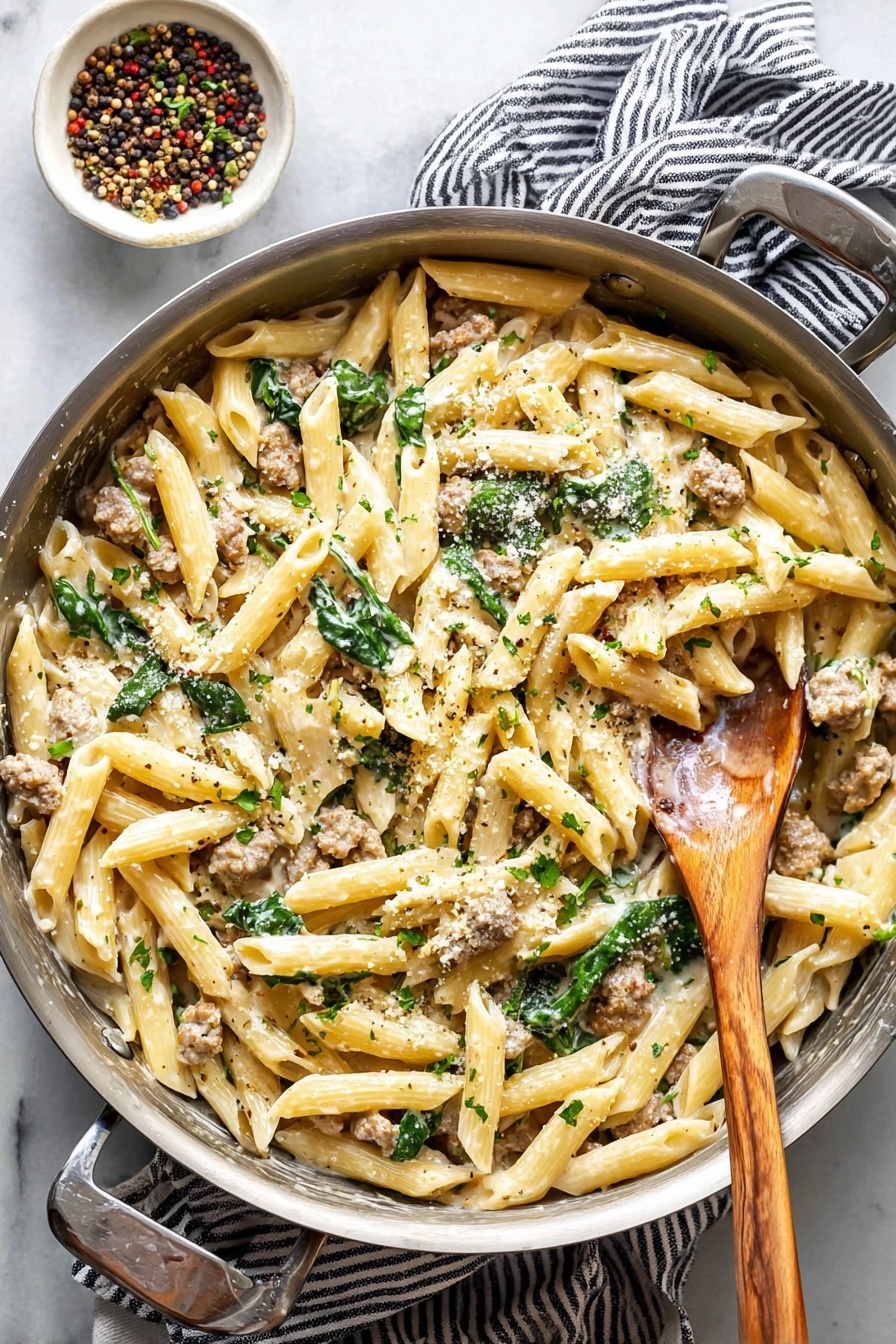 creamy sausage pasta - A white plate holds a creamy pasta dish with three main layers: the penne pasta, cooked to a soft pale yellow color, forms the base layer; scattered on top are small chunks of cooked sausage in a light brown color, mixed evenly through the pasta; fresh spinach leaves with a rich green color add contrast, spread on the surface; the creamy sauce lightly coats the pasta and sausage, giving a smooth shiny texture; small flecks of chopped fresh herbs and black pepper are sprinkled over the dish, adding green and black specks for detail. A silver fork rests on the right side of the plate. In the background, there is a small white bowl filled with colorful peppercorns and a second white plate with more pasta, all set on a white marbled surface with a cloth nearby. Photo taken with an iphone --ar 2:3 --v 7