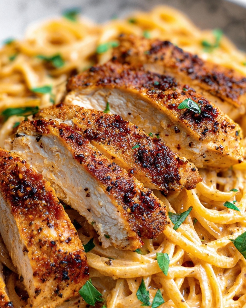 Creamy Cajun Chicken - A close-up view of three thick slices of golden-brown cooked chicken placed on a bed of creamy spaghetti noodles. The chicken pieces show a well-seasoned, slightly crispy texture with visible black pepper and spices on the surface. The creamy spaghetti beneath is coated in a smooth sauce with a light golden color, sprinkled with small green parsley leaves for added color contrast. The dish is set against a white marbled textured background, highlighting the rich colors and textures of the food. photo taken with an iphone --ar 2:3 --v 7