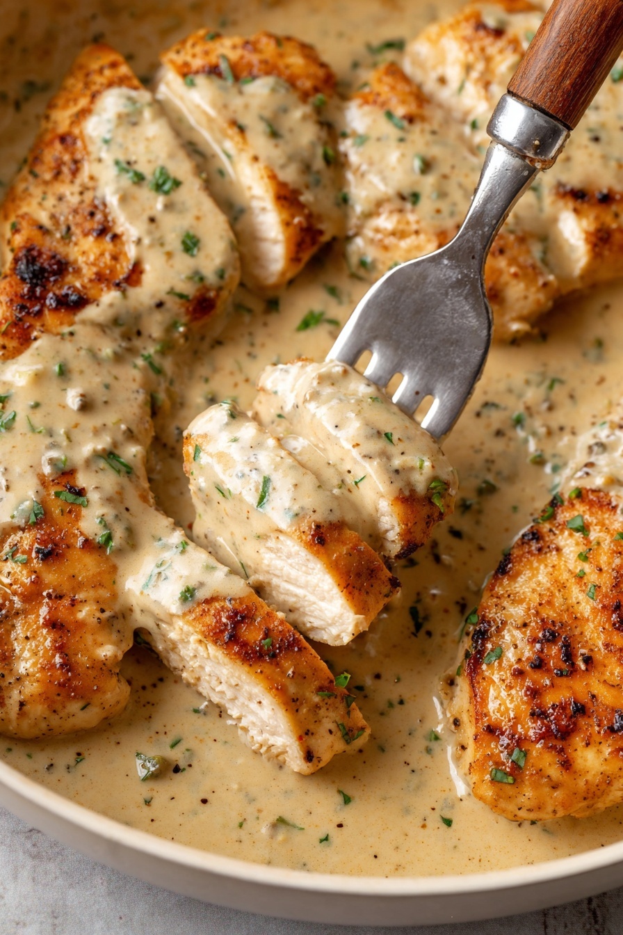 Creamy Ranch Chicken - The image shows several pieces of golden brown cooked chicken placed closely together in a creamy light beige sauce with specks of green herbs and black pepper. One of the chicken pieces is sliced into strips on the right side, revealing the white, tender inside. The sauce covers parts of the chicken, adding a smooth and rich texture with small bits of herbs scattered on top. Tiny pieces of fresh green parsley are sprinkled over the entire dish, adding color contrast. The dish is photographed close up on a white marbled surface. photo taken with an iphone --ar 2:3 --v 7