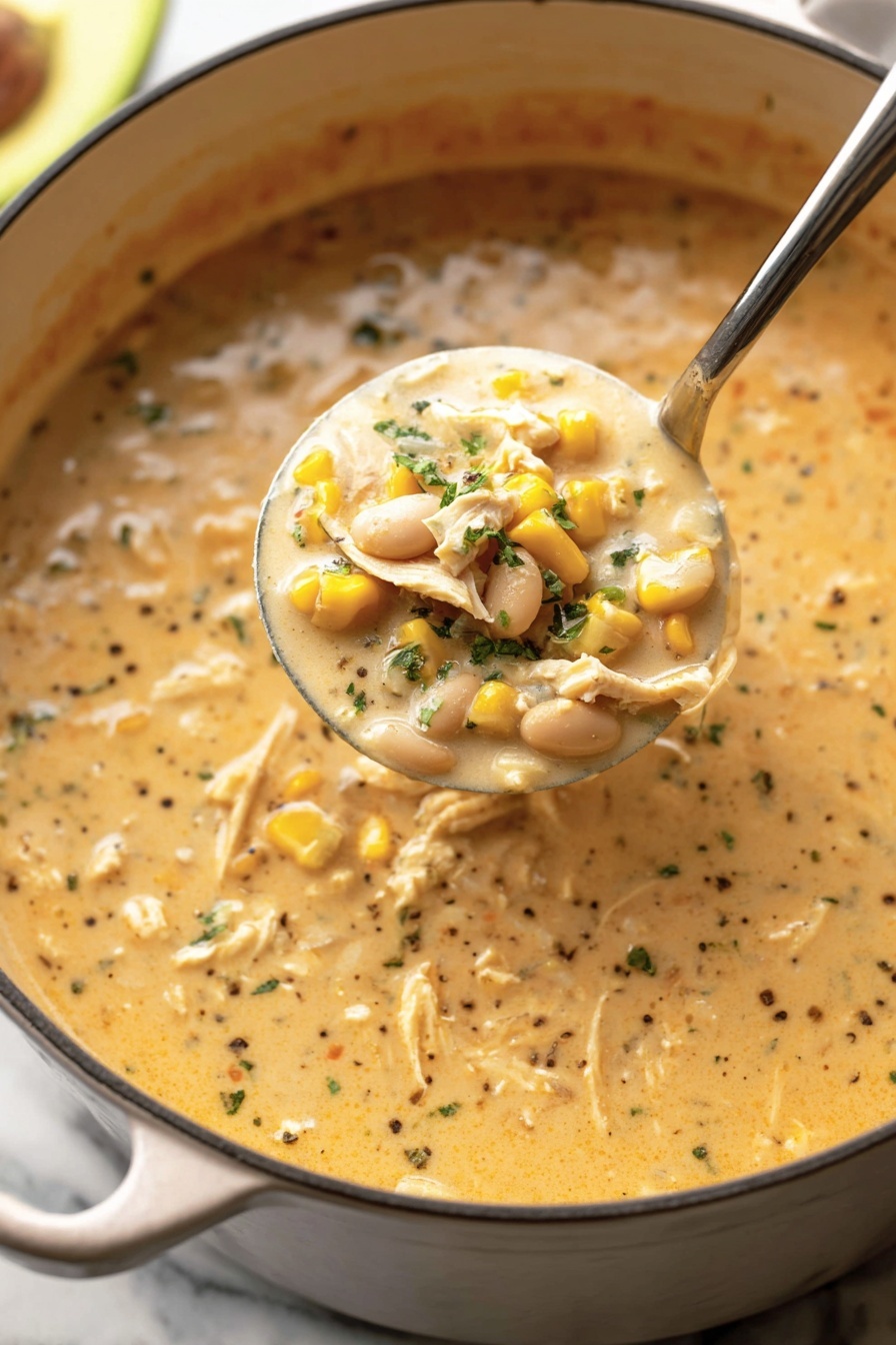 A close-up image shows a spoon holding a thick creamy stew with visible pieces of white meat, yellow corn kernels, and small green herb bits. The stew has a smooth orange-beige color with specks of red seasoning. The background shows the white bowl filled with the stew, with some green avocado slices and scattered corn chips beside it. The surface is a white marbled texture, and the lighting highlights the creamy and rich texture of the dish. Photo taken with an iphone --ar 2:3 --v 7