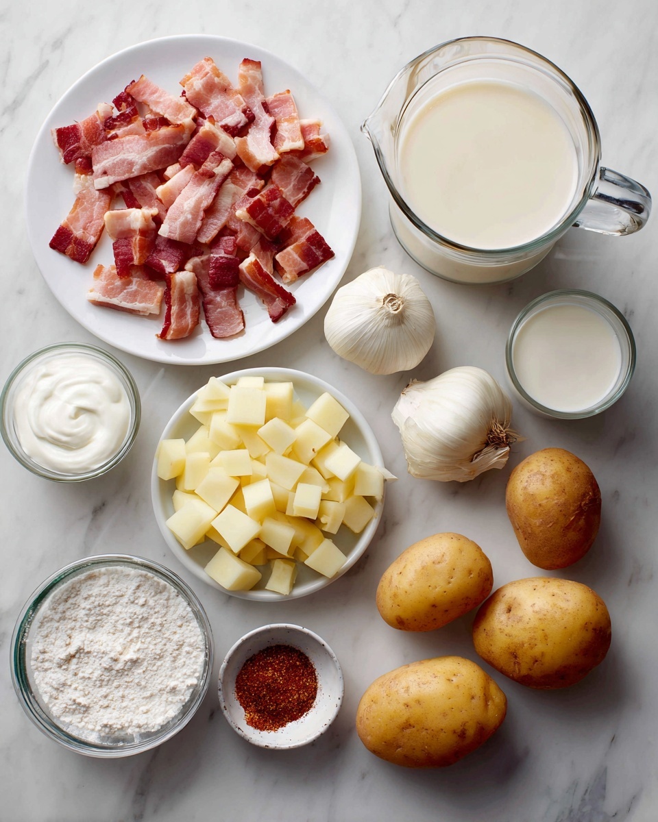 Flat lay of six uncooked bacon strips cut into small pieces, a medium chopped yellow onion, three large garlic cloves minced, a small bowl of all-purpose flour, six large peeled and diced gold potatoes, a clear glass pitcher of chicken broth, a glass container of milk, a small jug of heavy cream, a small bowl of sour cream, scattered salt and black pepper around, a pinch of ancho chili powder in a tiny dish, placed on a white marble surface, photo taken with an iphone --ar 2:3 --v 7