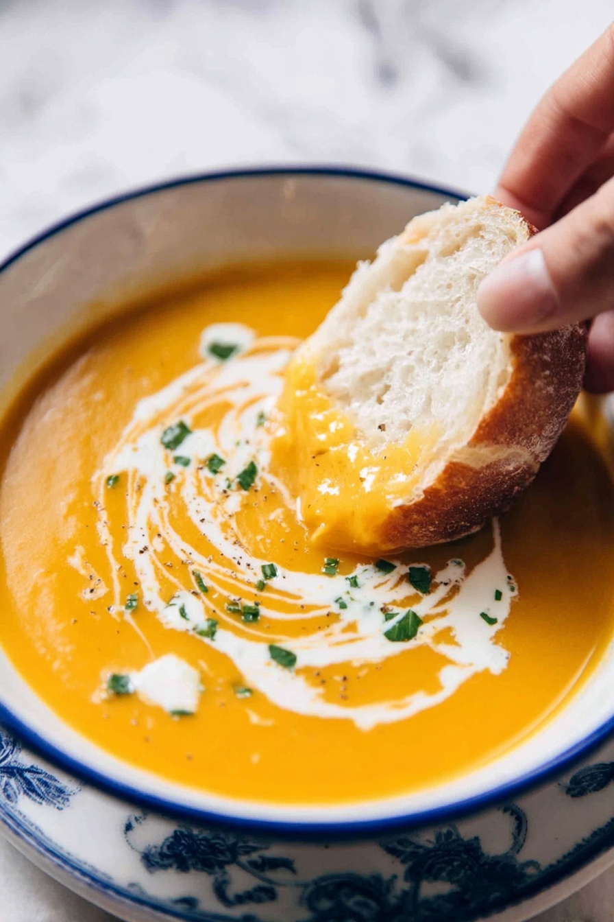 A white bowl with a blue rim is filled with a smooth orange soup. On top, there are swirls of white cream and small green herb pieces sprinkled evenly. A woman's hand is dipping a pale piece of soft bread into the soup, with the bread partially covered in the soup's orange liquid. The background is a white marbled surface. photo taken with an iphone --ar 2:3 --v 7