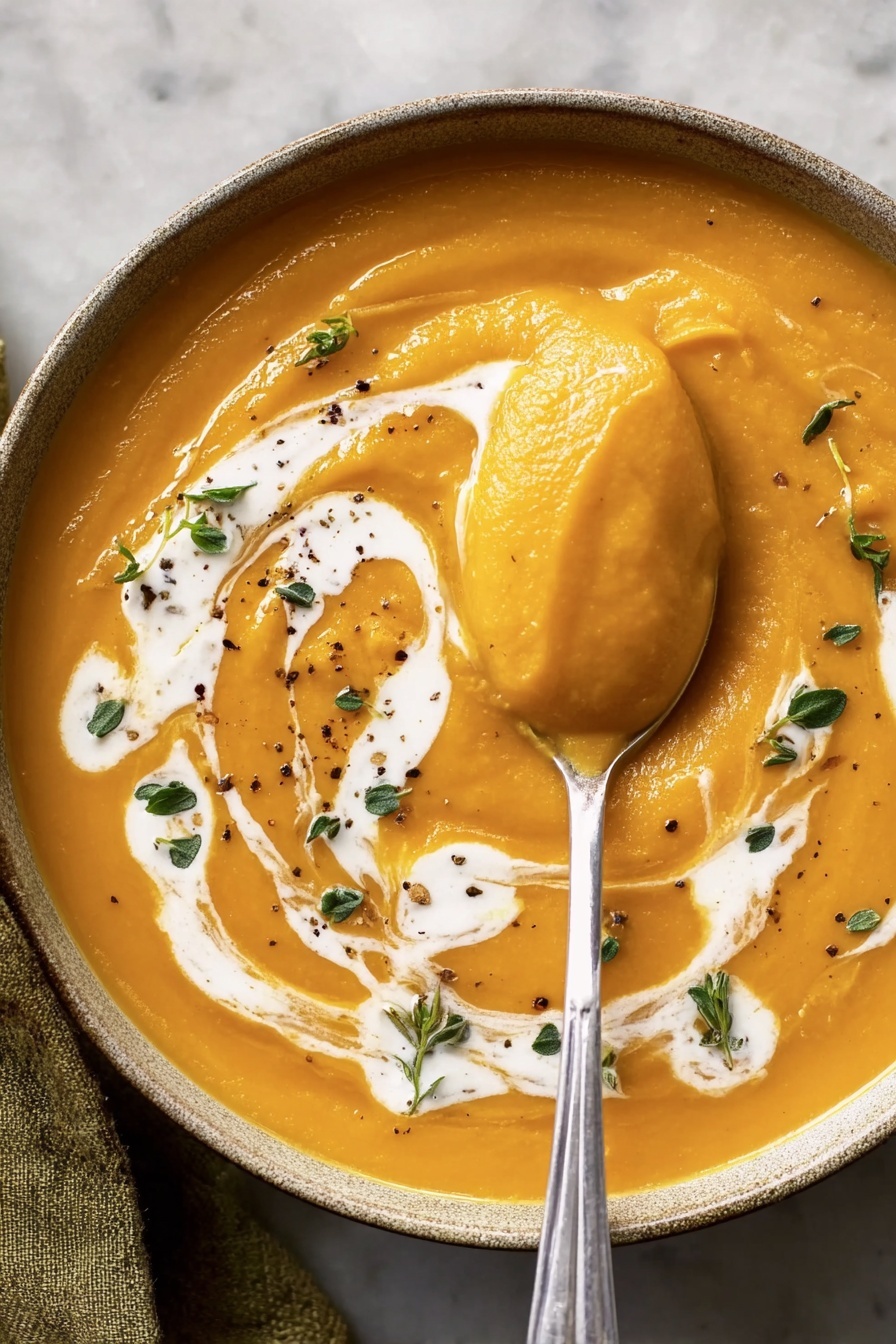 A round white bowl filled with thick, smooth orange soup, swirled on top with white cream in loose circular patterns. Small green herb leaves and black pepper flakes are scattered lightly on the soup's surface. A spoonful of the soup, showing the same orange color with a bit of white cream, is held above the bowl. The background is a white marbled texture. photo taken with an iphone --ar 2:3 --v 7