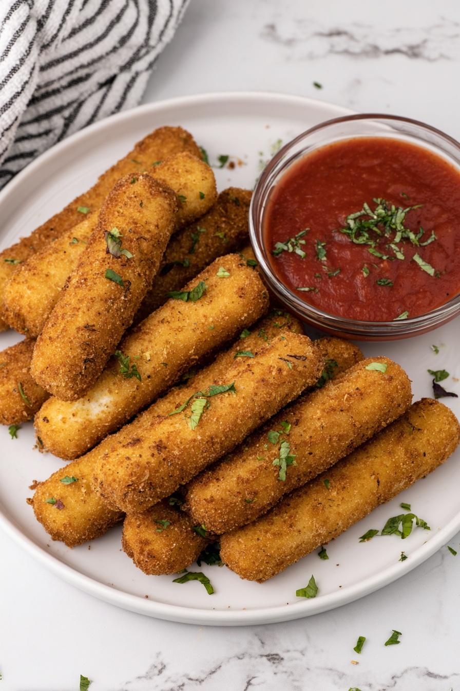 The image shows a white round plate filled with ten golden brown crispy fried sticks, arranged in a layered pile taking up most of the plate. Small pieces of chopped green herbs are scattered on top of the sticks. On the right side of the plate, there is a clear round bowl filled with smooth red sauce, also topped with green herbs. The plate is set on a white marbled surface, with a striped white and gray cloth partially visible in the background. Photo taken with an iphone --ar 2:3 --v 7