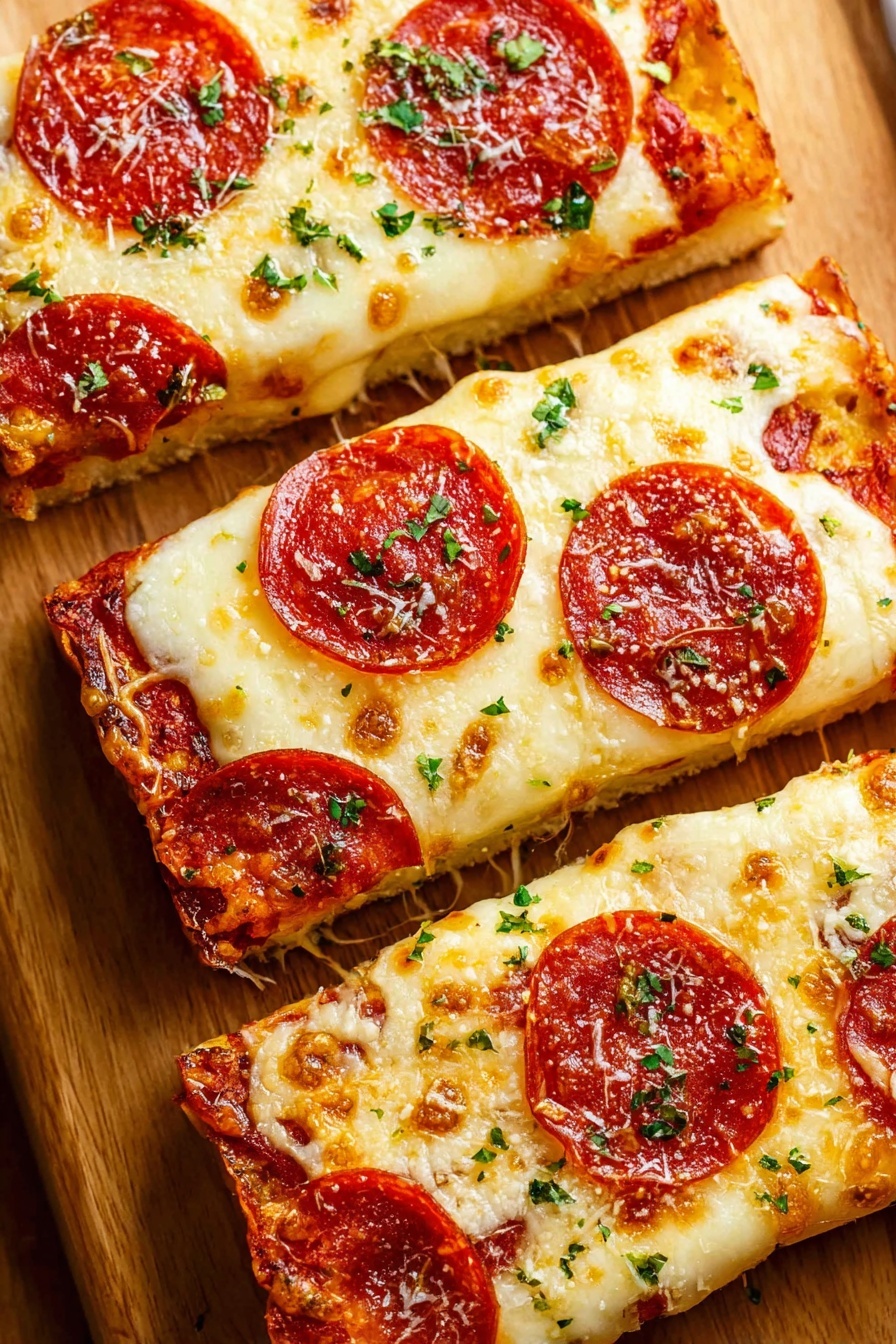 The image shows four slices of pepperoni pizza arranged on a wooden board, stacked slightly on top of each other in a vertical line. Each slice has a golden-brown crust with melted, stretchy white cheese covering the surface. Bright red pepperoni slices are placed evenly on top of the cheese, with small green herb sprinkles scattered across for garnish. The cheese is bubbling and toasted with some darker golden spots, and the crust edges look crispy. A small glass dish with red chili flakes is partly visible at the right side on the white marbled surface beneath the board. Photo taken with an iphone --ar 2:3 --v 7