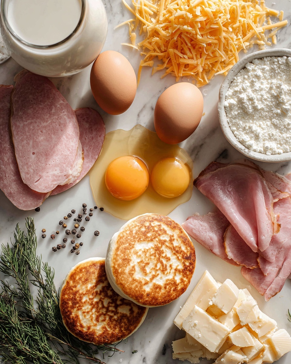 Flat lay of cracked large eggs with smooth yolks and whites, a small glass of whole milk, a pile of golden grated cheese, several slices of crispy bacon and Canadian bacon, toasted English muffins split in half showing their light airy texture, and sprigs of fresh black peppercorns scattered around, all beautifully arranged with natural light highlighting their colors and textures, placed on a white marble surface, photo taken with an iphone --ar 2:3 --v 7