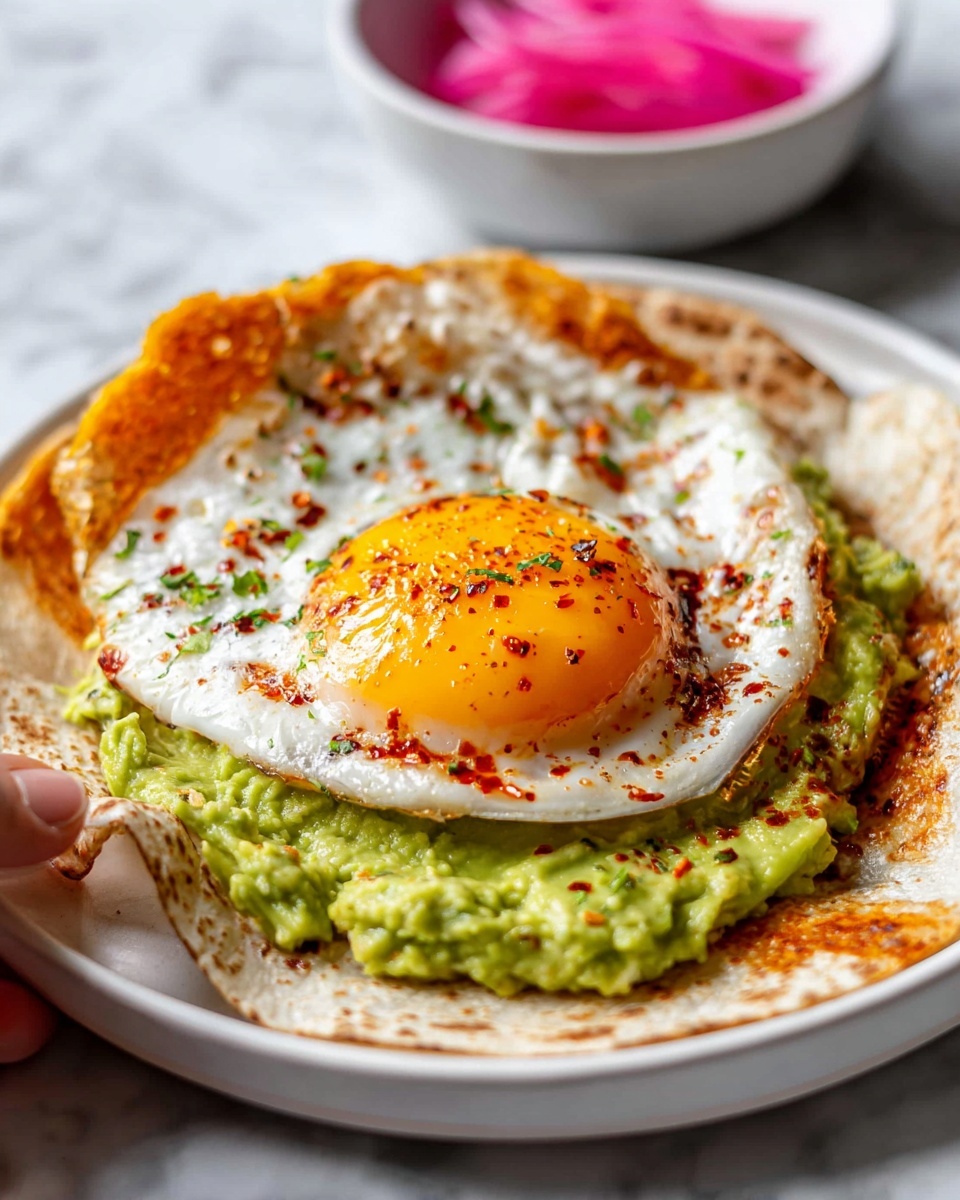 The dish shows three main layers on a round white plate with a rim. The bottom layer is a smooth spread of green avocado mash covering the base. On top of that is a golden brown, crispy tortilla with an uneven, lace-like texture and white melted cheese patches. The top layer is a sunny-side-up fried egg with a bright yellow yolk in the center and white cooked edges, sprinkled with red chili flakes and dried oregano. A few curled, thin slices of pink pickled onions rest partly over the egg white. The whole dish sits on a white marbled surface. photo taken with an iphone --ar 2:3 --v 7