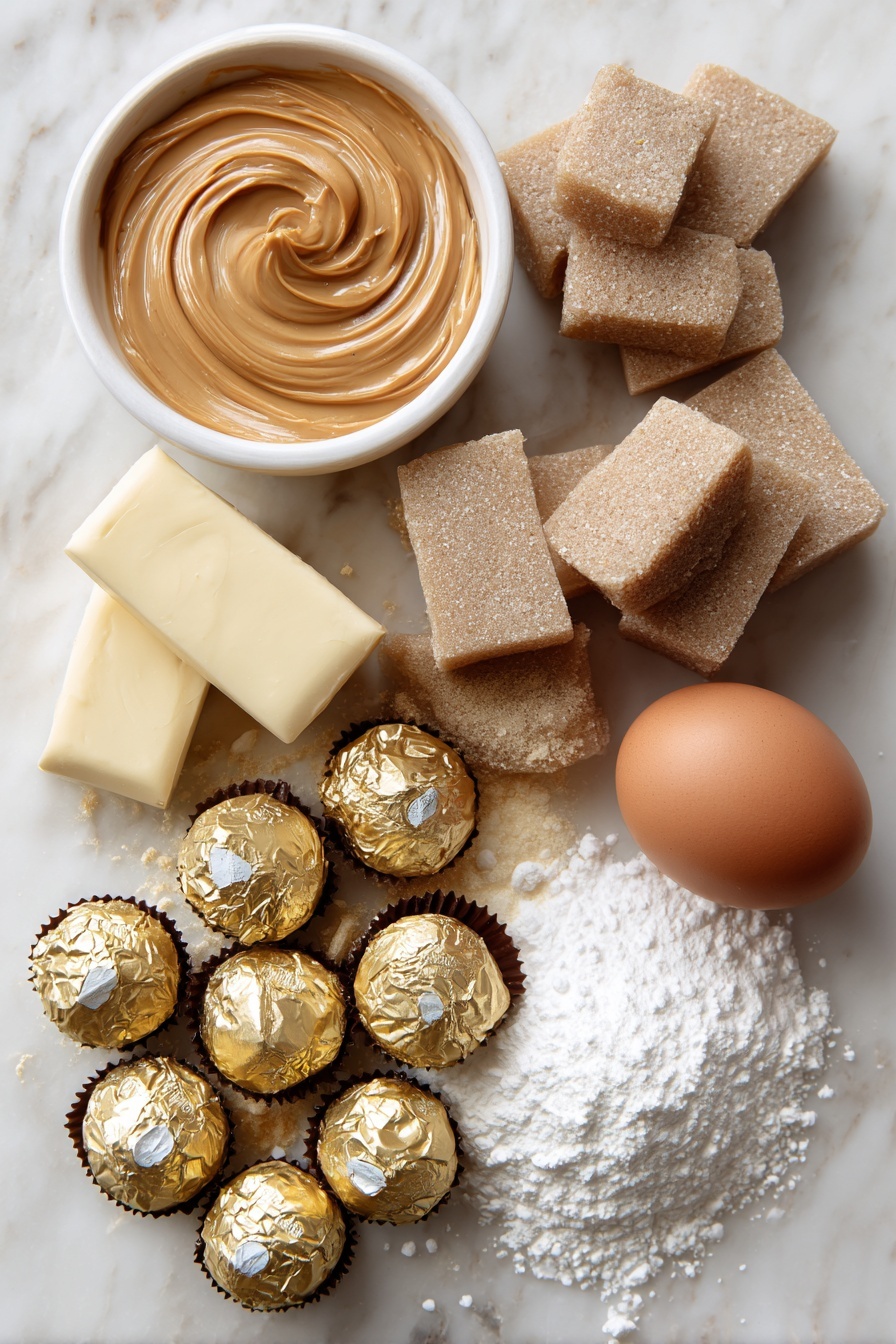 Flat lay of creamy peanut butter in a smooth swirl, soft unsalted butter blocks, packed brown sugar mounds, granulated white sugar crystals sparkling, a fresh brown egg, small heaps of all-purpose flour, golden chocolate candy kisses with shiny wrappers, all beautifully arranged in a balanced composition placed on a white marble surface, photo taken with an iphone --ar 2:3 --v 7