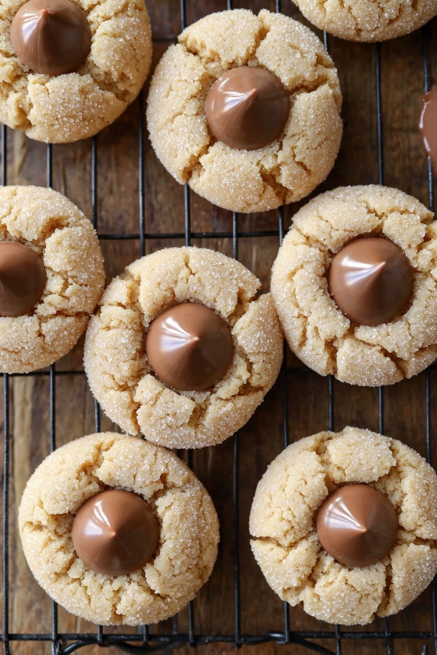 The image shows seven round cookies on a black wire cooling rack over a wood surface. Each cookie has one layer, with a light golden cracked surface texture, and is covered in sugar crystals. At the center of every cookie is a smooth, shiny dollop of milk chocolate with a small peak. The overall look is rustic and homemade, with the cookies evenly spaced and slightly overlapping. photo taken with an iphone --ar 2:3 --v 7