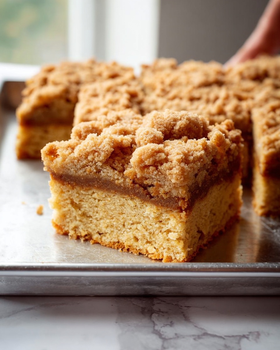 The image shows a close-up of a single square piece of coffee cake being lifted out of a metal baking pan. The cake has two main layers: the bottom layer is a smooth, dense, light brown base, while the top layer is a thicker, more crumbly, golden-brown streusel topping with a rough texture. The crumb topping looks slightly crunchy and coarse, contrasting with the moist and spongy bottom part. The background is softly blurred, showing a white marbled surface beneath the pan. photo taken with an iphone --ar 2:3 --v 7