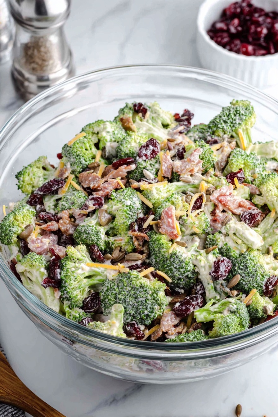 The image shows a close-up of a broccoli salad with three main layers. The bottom layer consists of vibrant green broccoli florets with a fresh texture. The middle layer includes small pieces of red onion and shredded light-colored cheese scattered evenly. On top, there are dark red dried cranberries mixed with bits of crunchy-looking bacon. Everything is coated with a creamy white dressing that lightly covers the ingredients. The background is a white marbled texture. photo taken with an iphone --ar 2:3 --v 7
