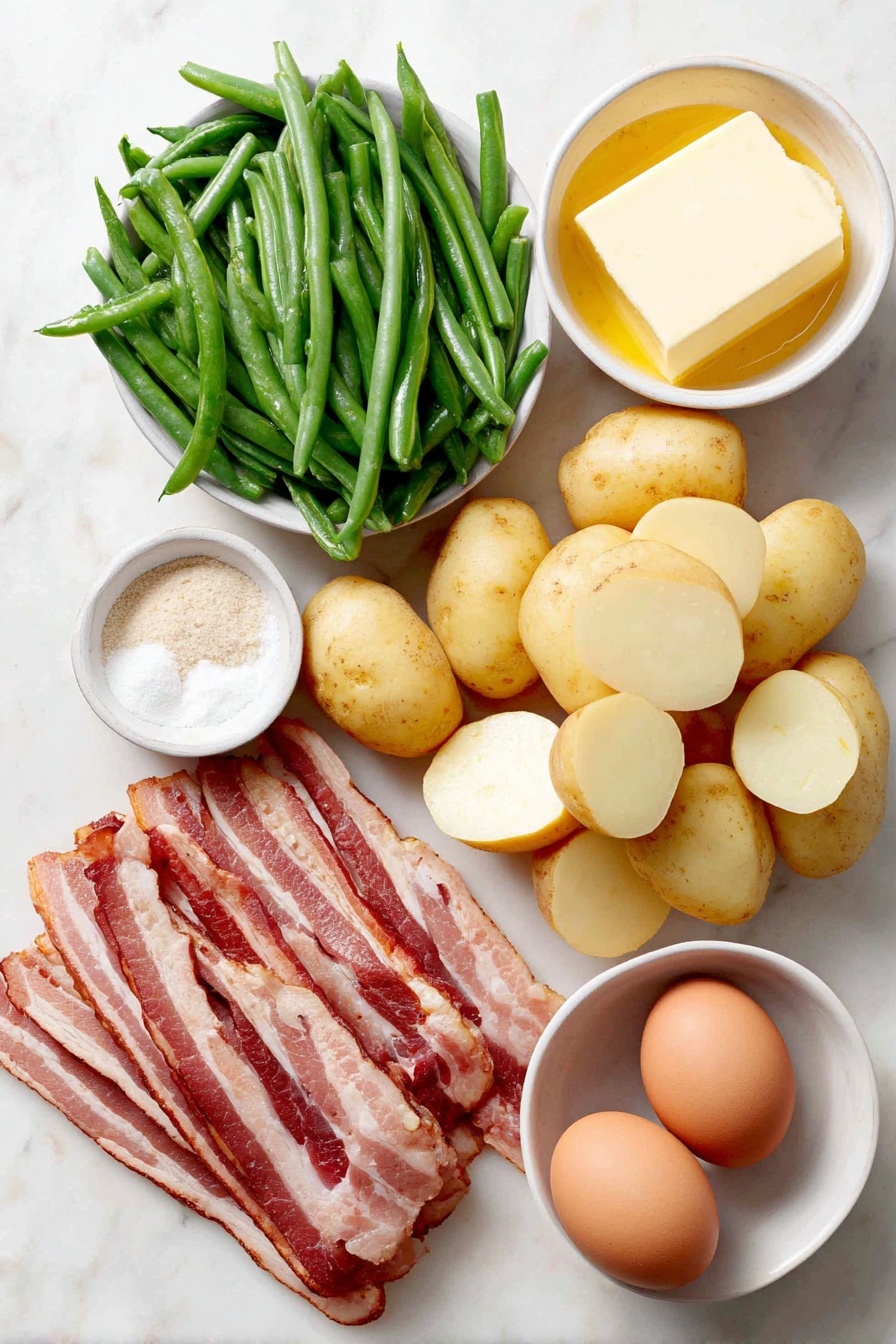 Flat lay of fresh trimmed green beans arranged alongside halved baby Yukon gold potatoes, thick cut uncooked bacon strips neatly fanned out, a small white ceramic bowl of golden butter, a small white bowl filled with pale ranch seasoning powder, a small white bowl containing fine garlic powder, and two whole uncracked brown eggs placed symmetrically, all ingredients fresh and natural, placed on a clean white marble surface, soft natural light, photo taken with an iPhone, professional food photography style, fresh ingredients, white ceramic bowls, no bottles, no duplicates, no utensils, no packaging --ar 2:3 --v 7 --p awthu7i m7354615311229779997
