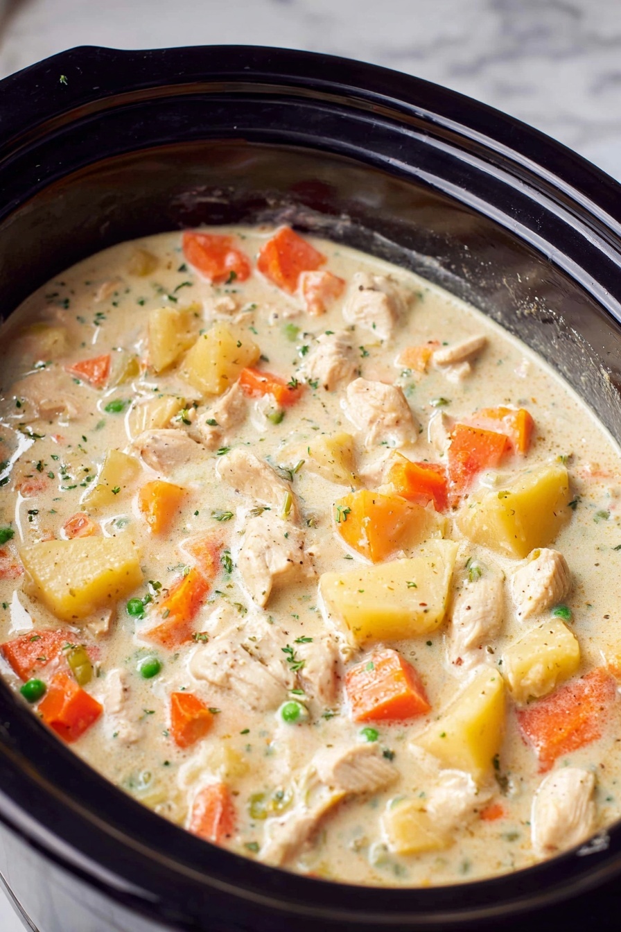 A close-up view of a creamy chicken stew in a black crockpot showing a thick white sauce mixed with visible chunks of light brown chicken, bright orange carrot pieces, yellow potato chunks, small green peas, and bits of translucent onion, all seasoned with small green herbs. The stew fills the crockpot almost to the top, creating a rich, hearty look with a mix of soft textures above the black rim of the pot, all set on a white marbled surface. Photo taken with an iphone --ar 2:3 --v 7