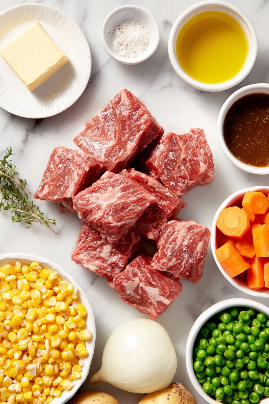 Flat lay of fresh 2-inch chunks of raw chuck roast, a small mound of coarse kosher salt, a small heap of coarse ground black pepper, two tablespoons of flour in a small white ceramic bowl, a pat of unsalted butter on a simple white plate, a small white bowl with golden canola oil, half a yellow onion chopped, four peeled garlic cloves whole, two fresh orange carrots cut into chunks, two Yukon potatoes chopped, a small white bowl filled with yellow corn kernels, a small white bowl with rich dark beef broth, a small white bowl containing deep red tomato paste, a fresh bay leaf, fresh green thyme sprigs, a small white bowl with dark Worcestershire sauce, a cup of fresh green beans, a small white bowl of fresh green peas — all arranged symmetrically and balanced, placed on a clean white marble surface, soft natural light, photo taken with an iPhone, professional food photography style, fresh ingredients, white ceramic bowls, no bottles, no duplicates, no utensils, no packaging --ar 2:3 --v 7 --p m7354615311229779997