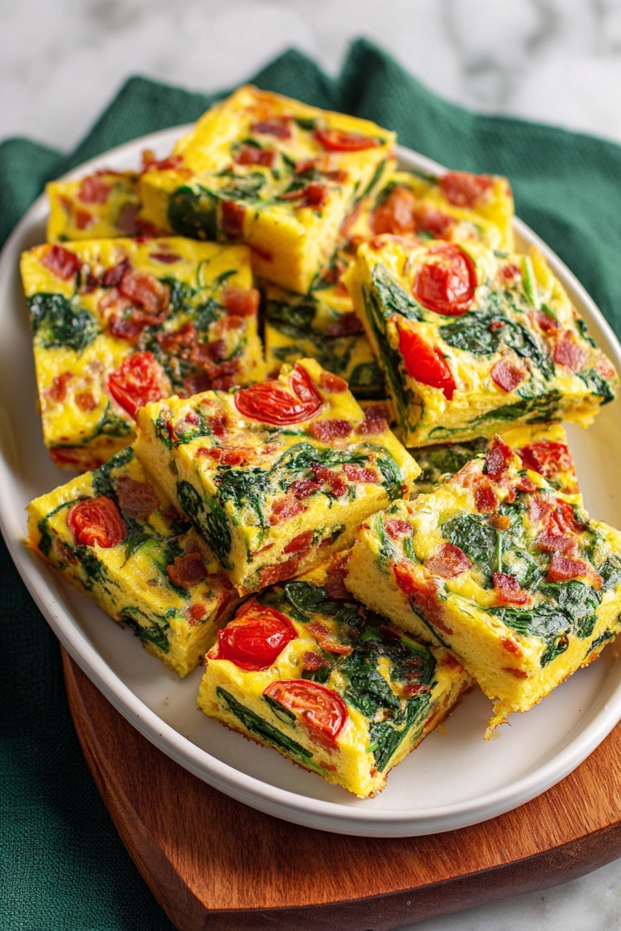 A rectangular metal pan holds a baked egg dish cut into 16 squares. The dish has a bright yellow layer of cooked eggs mixed with small pieces of red cherry tomatoes, green spinach leaves, and brown crispy bacon bits spread evenly throughout. The surface is slightly glossy with visible textures of cooked egg and vegetables, and the edges are slightly browned. The pan sits on a dark green cloth over a white marbled surface. photo taken with an iphone --ar 2:3 --v 7