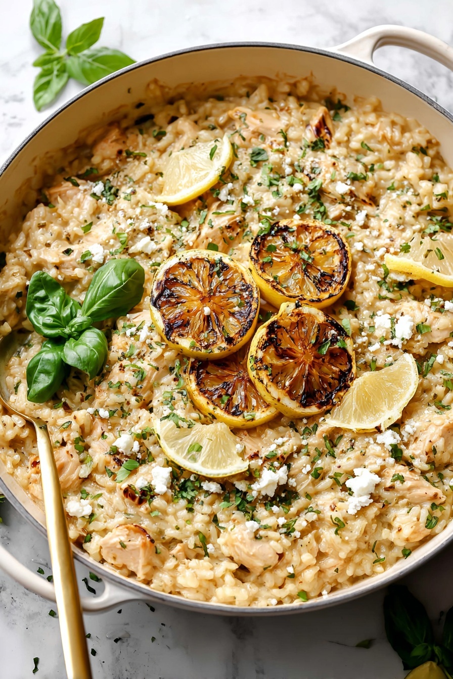 A creamy risotto dish fills a large round white pan with light golden tones and small pieces of cooked chicken mixed throughout the thick rice. On top, three grilled lemon slices with charred marks rest near the center, surrounded by sprinkled white cheese crumbles and chopped green herbs. A small cluster of fresh basil leaves adds a pop of bright green near the lemon slices, and a gold spoon is placed on the left side of the pan. The pan sits on a white marbled surface with a few scattered green leaves around. Photo taken with an iphone --ar 2:3 --v 7