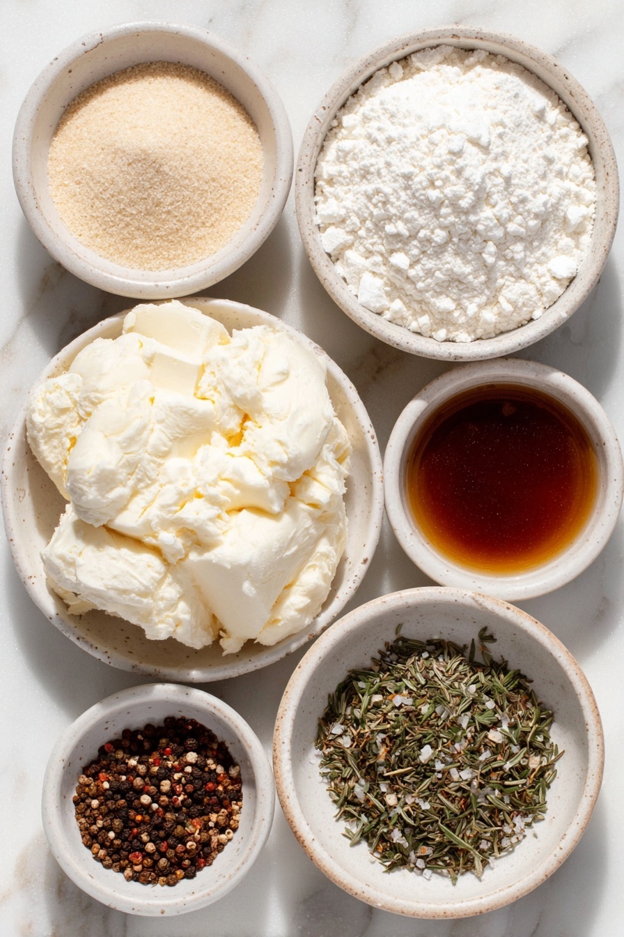 Flat lay of a small mound of unsalted butter, a small white ceramic bowl filled with pale all-purpose flour, a small white ceramic bowl of golden turkey drippings, a small white ceramic bowl of reduced sodium chicken broth, a small white ceramic bowl containing granulated chicken bouillon powder, a small white ceramic bowl with dried parsley flakes, a small white ceramic bowl with light tan garlic powder, a small white ceramic bowl holding light beige onion powder, a small white ceramic bowl with dried thyme leaves, a small white ceramic bowl containing ground sage powder, a small white ceramic bowl with dried minced rosemary, a small white ceramic bowl filled with coarse black peppercorns, a small white ceramic bowl with coarse salt crystals placed on a clean white marble surface, soft natural light, photo taken with an iPhone, professional food photography style, fresh ingredients, white ceramic bowls, no bottles, no duplicates, no utensils, no packaging --ar 2:3 --v 7 --p m7354615311229779997