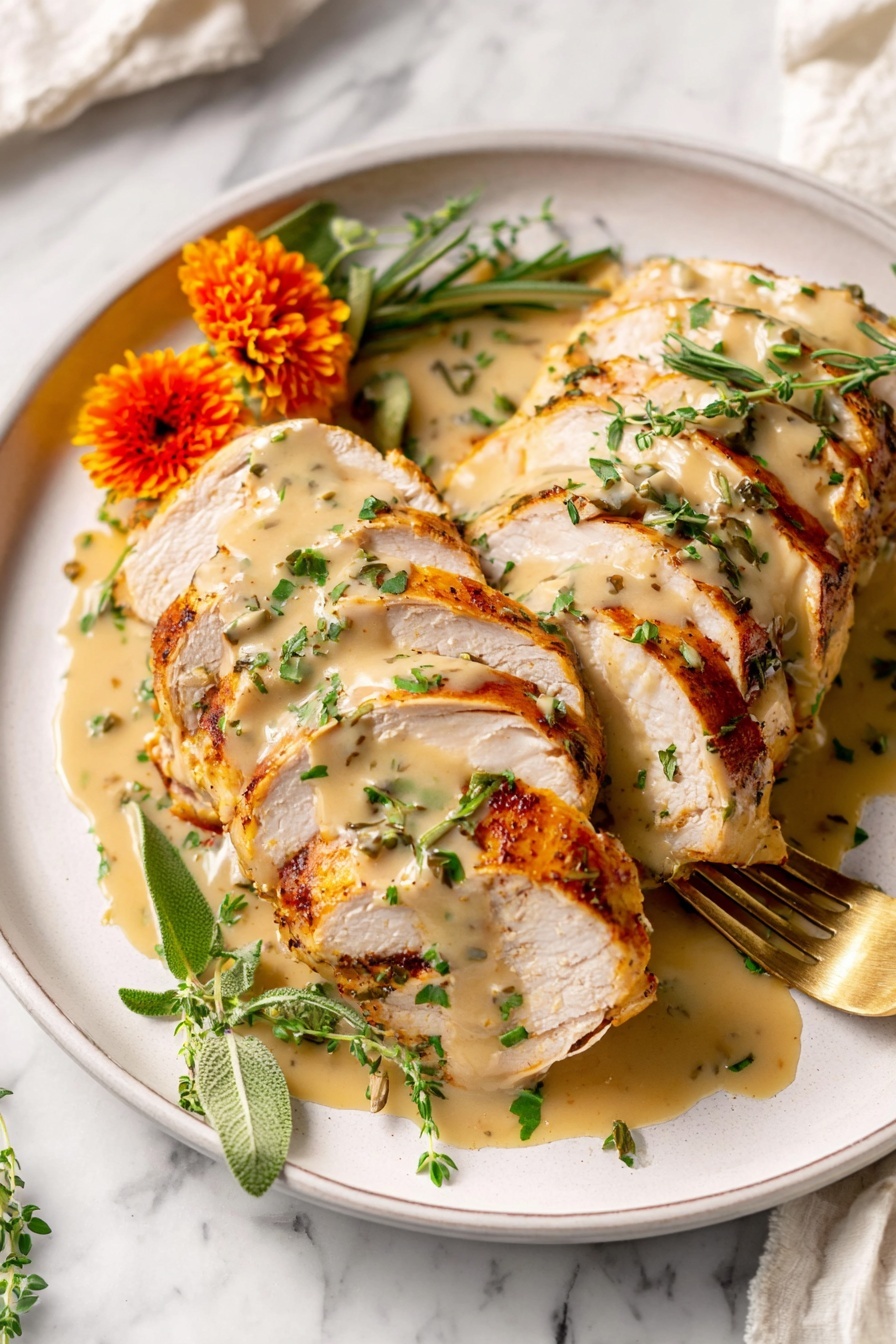 The dish shows a white plate on a white marbled surface, with two parts of sliced roasted chicken placed side by side. Each part has about six layers of thick, pale cooked chicken slices with a golden brown seared edge. A creamy light brown gravy is poured over the top, drizzling down the layers, and small green parsley bits are sprinkled on the chicken and sauce. Around the edges of the plate are green herb sprigs and a bright orange flower adding color and decoration. A golden fork is placed on the right side of the plate beside the chicken. Photo taken with an iphone --ar 2:3 --v 7