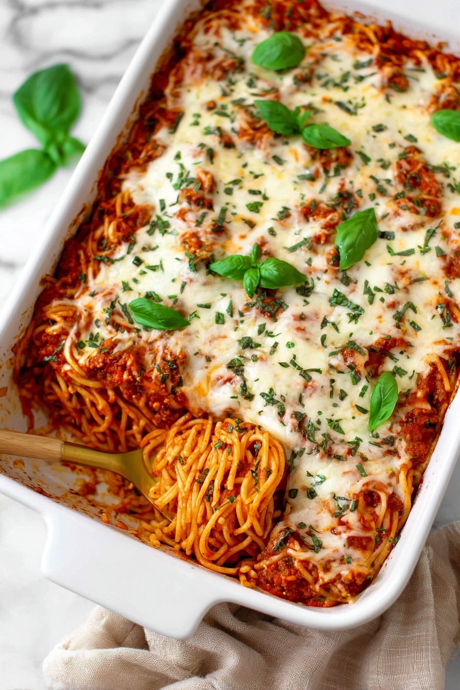 A white rectangular casserole dish filled with baked spaghetti layers, starting with a base of cooked spaghetti in a thick red tomato sauce mixed with ground meat, topped with a thick layer of melted white cheese that is lightly browned and bubbly, sprinkled with finely chopped fresh green herbs, and decorated with whole fresh bright green basil leaves spread evenly across the top. A gold spoon is scooping out some spaghetti from one corner, showing the saucy noodles underneath. The dish sits on a white marbled surface with a beige cloth partially visible on the side. Photo taken with an iphone --ar 2:3 --v 7