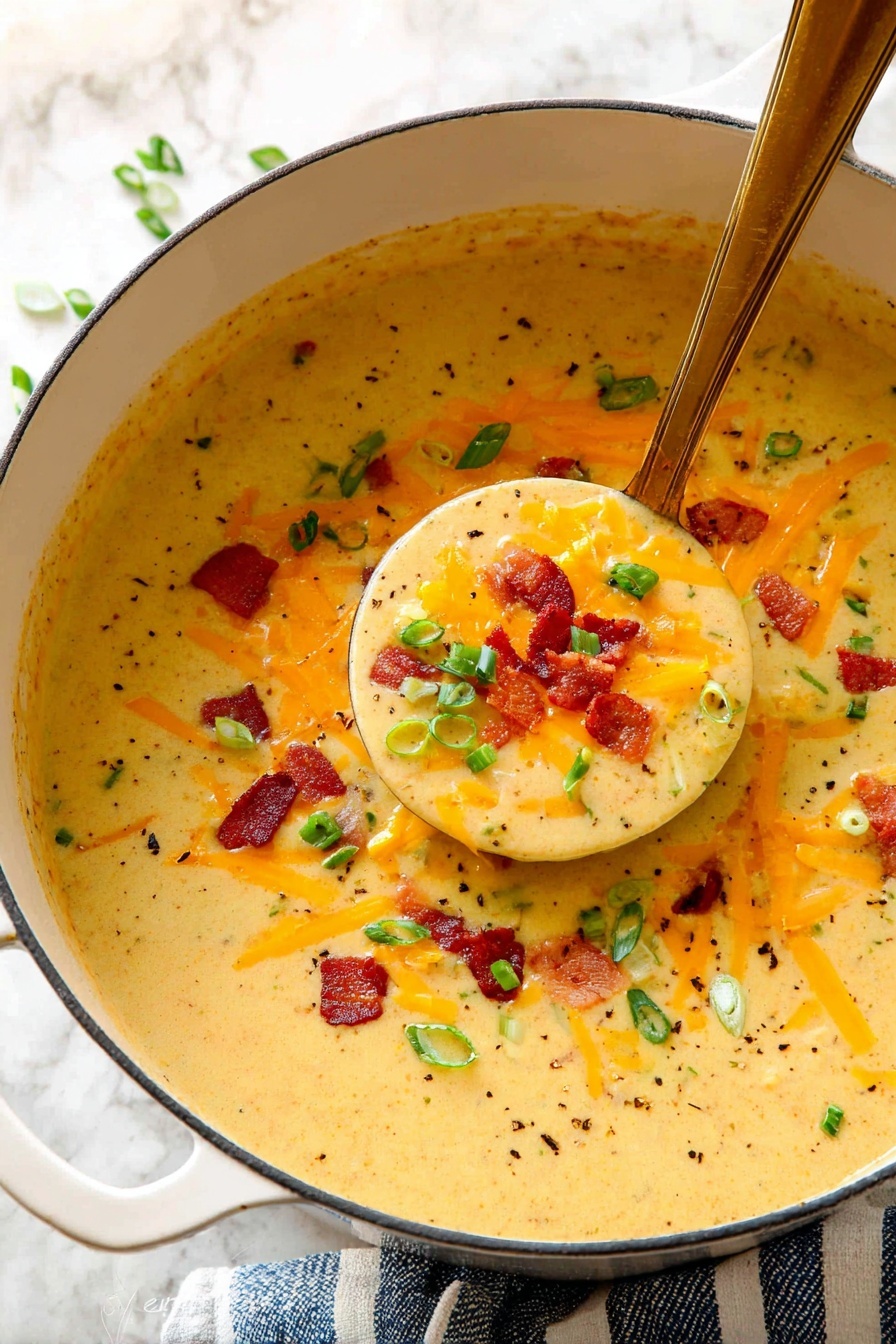 A large white pot filled with thick, creamy yellow soup that has small dark specks mixed throughout; the soup is topped with bright orange shredded cheese, small red crispy bacon pieces, and chopped green onion slices scattered over the surface; a golden ladle rests inside the pot lifting a round portion of soup full of the toppings; the background is a white marbled texture with a blue and white striped cloth visible on the right side; photo taken with an iphone --ar 2:3 --v 7