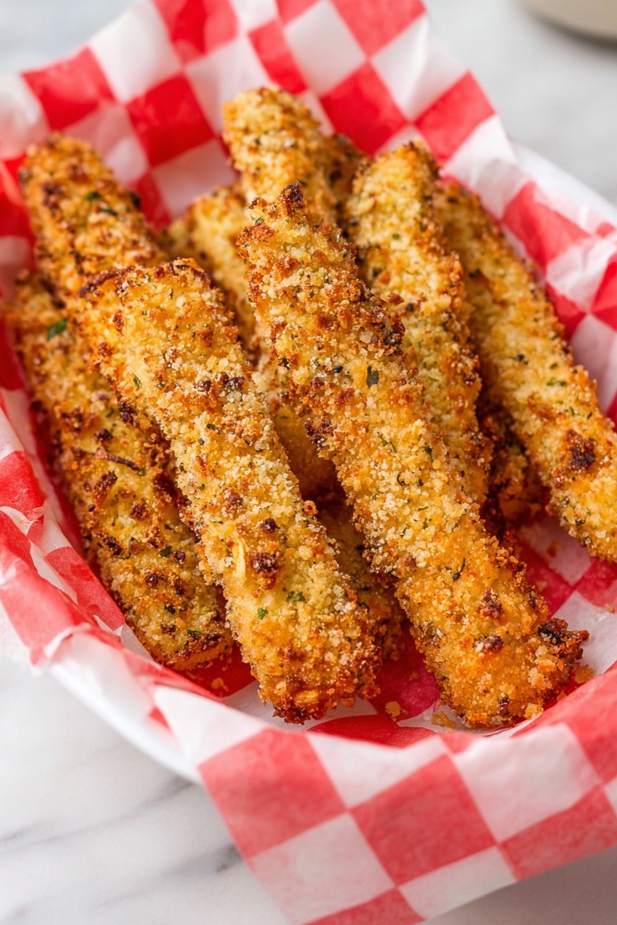 A white basket lined with red and white checkered paper holds about eight golden brown crispy sticks. Each stick is covered with a crunchy textured coating that shows small bits of herbs and spices, giving a speckled look with darker brown and light golden areas. The sticks are stacked unevenly, filling the basket, with a few corners and edges showing slightly darker baked spots. The basket rests on a white marbled surface, creating a clean and bright background. Photo taken with an iphone --ar 2:3 --v 7