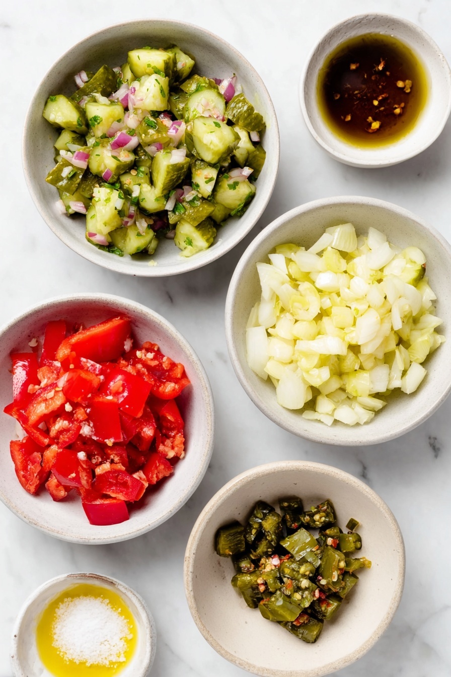 Flat lay of finely diced baby dill pickles, half a sweet yellow onion diced, a whole red bell pepper seeded and diced, a small white bowl with pickle brine, a whole garlic clove, a small white bowl of kosher salt, a whole serrano pepper diced, all arranged symmetrically on simple white ceramic bowls and plates, placed on a clean white marble surface, soft natural light, photo taken with an iPhone, professional food photography style, fresh ingredients, white ceramic bowls, no bottles, no duplicates, no utensils, no packaging --ar 2:3 --v 7 --p m7354615311229779997