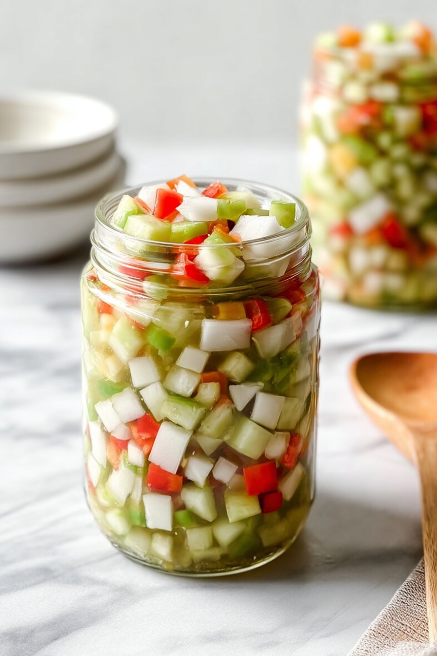 A clear glass jar is filled to the top with small cubes of vegetables, arranged closely together. The bottom and middle layers are mostly light green and white pieces, interspersed with some small red cubes scattered evenly throughout. The top layer has more green cubes mixed with red ones, showing a fresh and crisp texture. In the background, another similar jar is partly visible, and a white bowl is out of focus on a white marbled surface with a wooden-handled spoon lying near the jars. Photo taken with an iphone --ar 2:3 --v 7