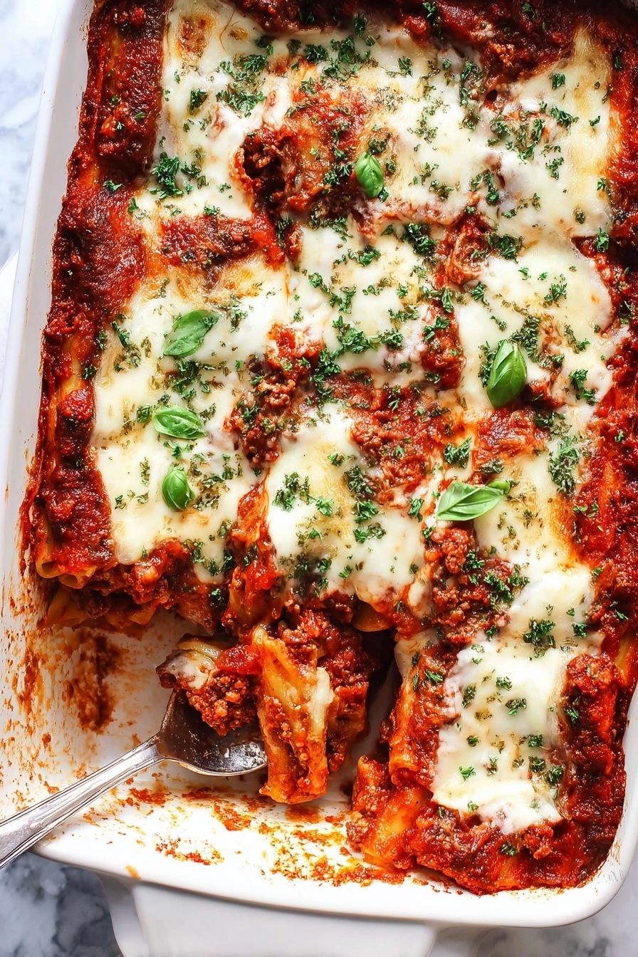 A white rectangular baking dish filled with a lasagna showing five visible layers: a deep red tomato sauce mixed with cooked ground meat forms the main base and middle layers, creamy white melted cheese layers spread thickly on top and between the meat sauce layers, and fresh green parsley sprinkled generously over the top with a few small basil leaves scattered for color contrast. The sides of the dish show the baked tomato sauce and cheese slightly browned and baked into the edges. A metal spoon rests inside the bottom left corner where a portion has been served, revealing the rich layers clearly. The dish sits on a white marbled surface. Photo taken with an iphone --ar 2:3 --v 7