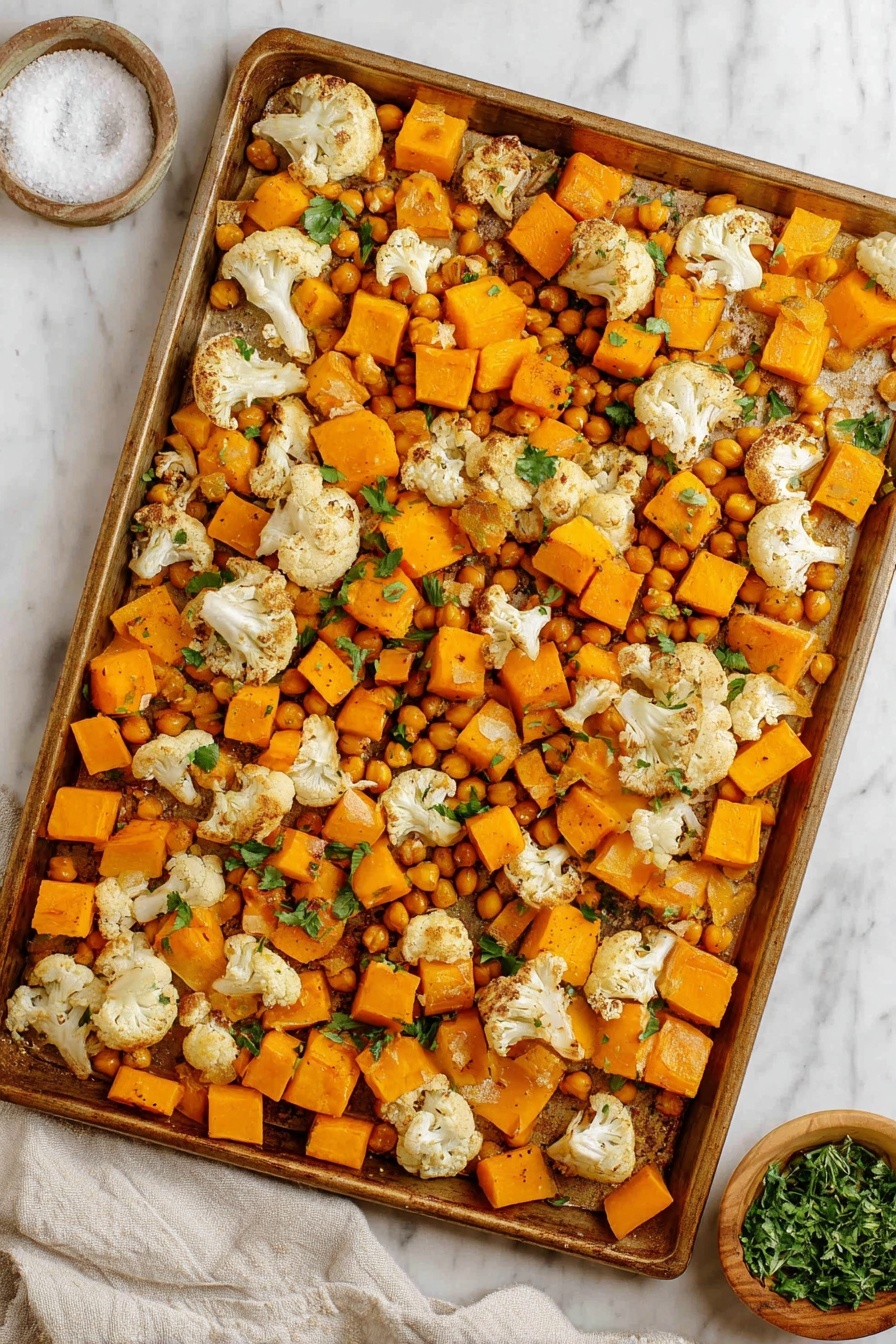 The image shows a baking tray filled with three main layers of roasted vegetables: bright orange cubed butternut squash scattered evenly across the tray, light beige cauliflower florets placed intermittently among the squash, and small round golden chickpeas spread throughout. All pieces have a slightly browned, roasted texture and are sprinkled with small green parsley leaves for garnish. The tray is set against a white marbled surface with a small white dish in the top left corner containing salt and a wooden bowl of green herbs in the bottom right corner. A light-colored cloth is partially visible on the bottom edge near the tray photo taken with an iphone --ar 2:3 --v 7