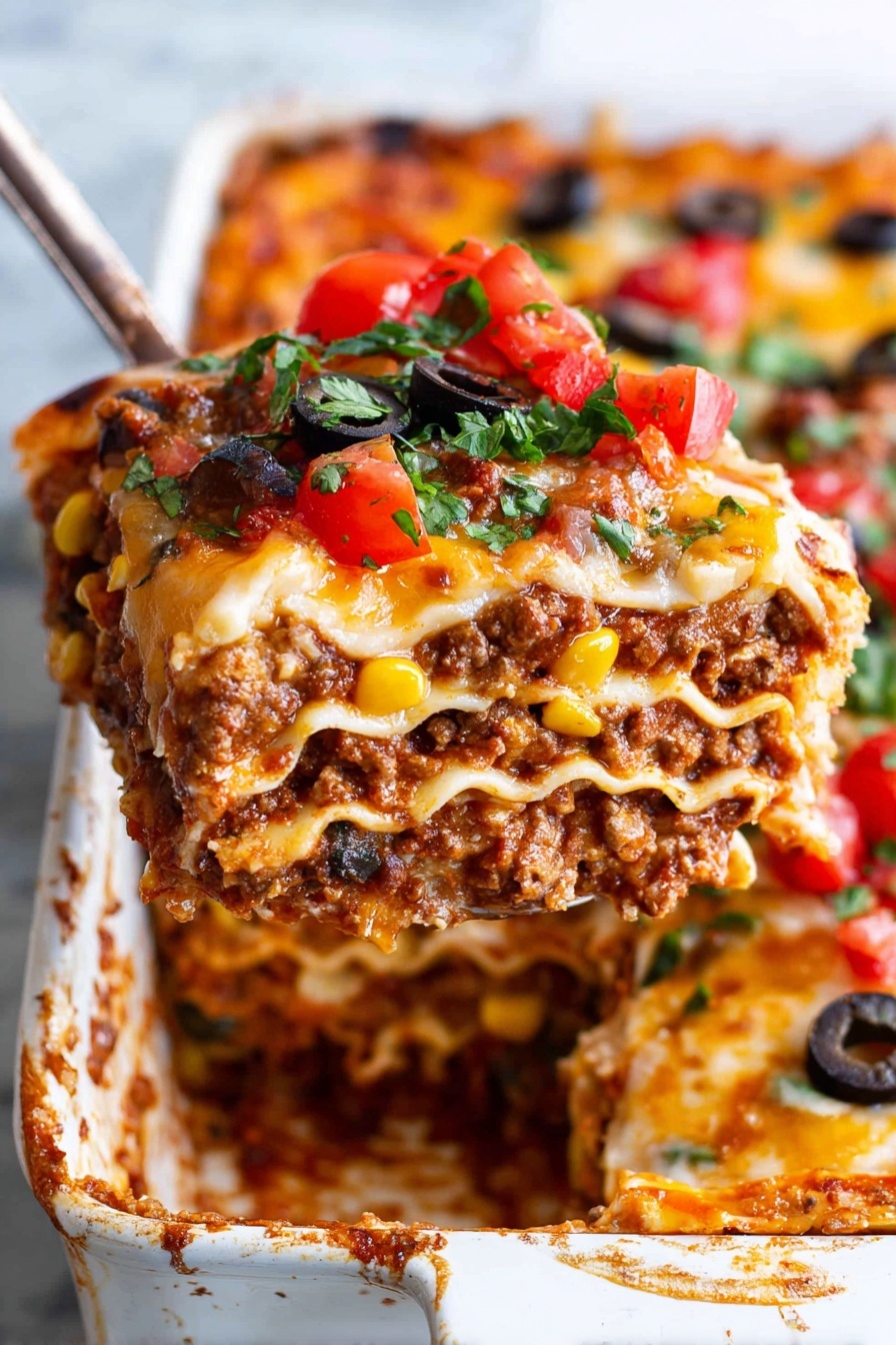 A thick square piece of lasagna sits centered on a white plate with a white marbled surface beneath. The bottom layer is a deep brown meat sauce mixed with bits of corn, topped by a layer of melted cheese that is light golden-yellow and shiny. On top of the cheese are bright red diced tomatoes and sliced black olives scattered around, with chopped green herbs sprinkled over everything for freshness. The colors show a nice contrast between the rich meat sauce, creamy cheese, and fresh toppings. Photo taken with an iphone --ar 2:3 --v 7
