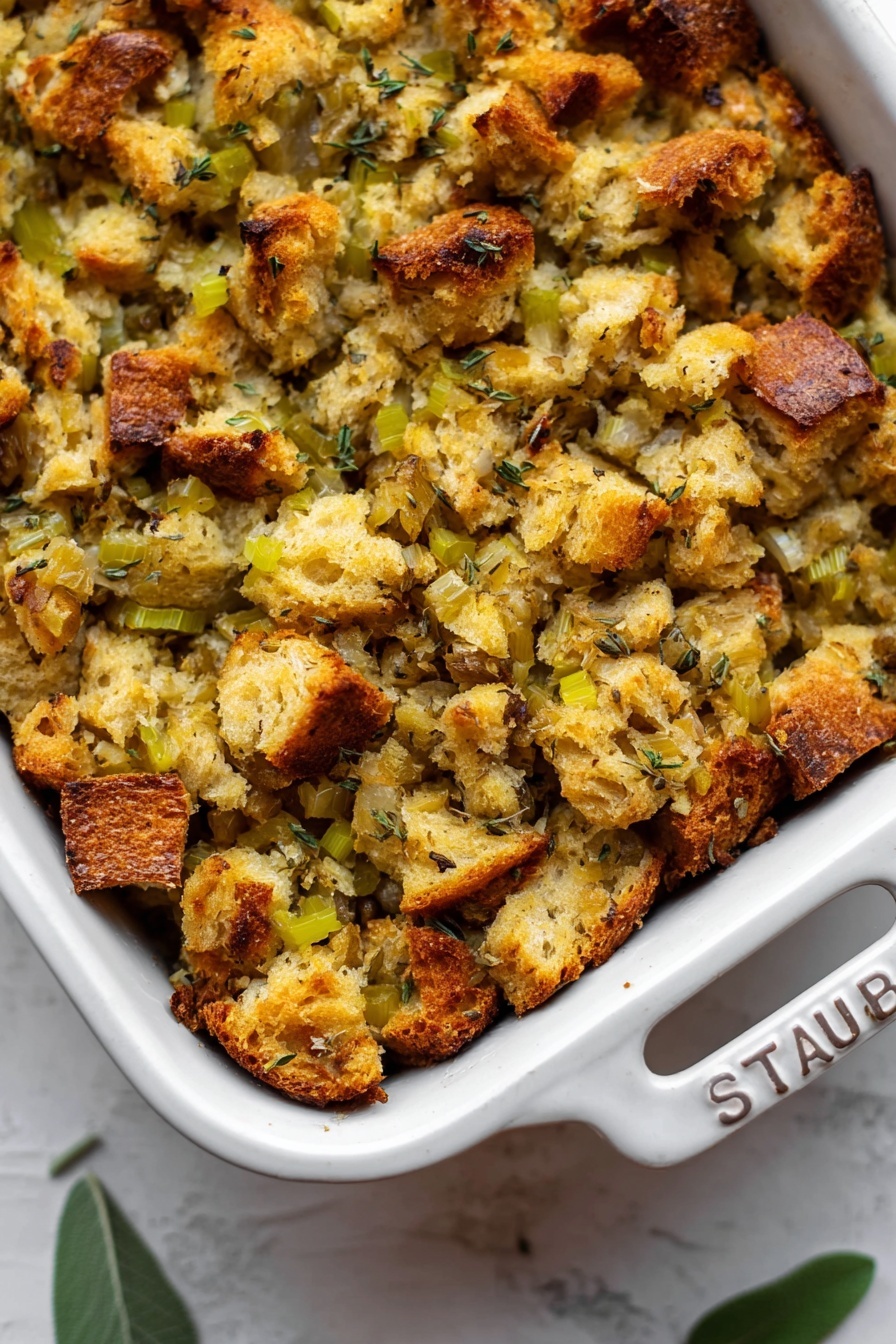 The image shows a close-up of a white bowl filled with chunks of golden brown bread stuffing mixed with small pieces of green celery. The stuffing has a rough, crispy texture with some darker toasted spots and is seasoned with visible specks of black pepper. On top of the stuffing, there are fresh, green sprigs of rosemary and thyme, adding a touch of green contrast. The bowl is placed on a white marbled surface, and the photo captures the warm, inviting colors and textures of the dish very closely. photo taken with an iphone --ar 2:3 --v 7