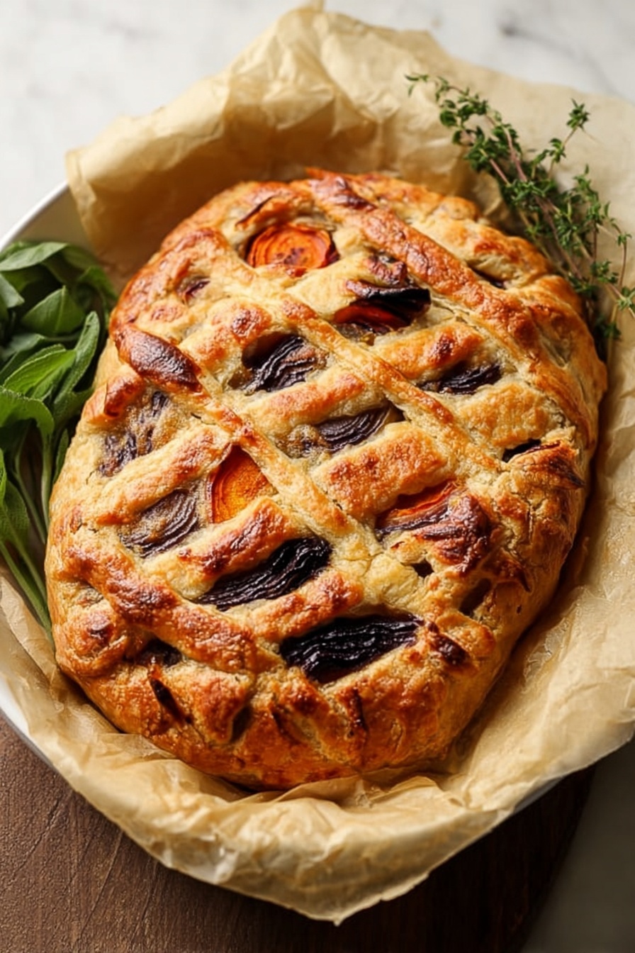 The image shows a golden-brown flaky pastry roll sliced open to reveal three visible layers inside. The outer layer is a crispy, light brown crust that looks crumbly. Inside, there are two bright orange layers of thinly sliced carrots, creating a striking color contrast. Between the carrot layers is a dark brown filling that looks rich and chunky, possibly with herbs and mushrooms, adding texture and depth. The roll is garnished with sprigs of fresh green thyme on top, sitting on a light brown parchment paper over a white marbled surface. Photo taken with an iphone --ar 2:3 --v 7