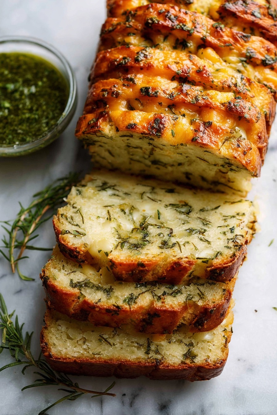 The image shows a sliced loaf of savory herb bread on a white marbled surface. The bread has a golden-brown crust with visible ridges and a slightly shiny texture. The inside layers are light beige with green herb bits evenly spread, giving a speckled look. The top layer has a mix of melted cheese and herbs in stripes, creating a textured pattern of melted orange cheese and dark green herbs. To the left side of the loaf, there is a small clear bowl filled with a green sauce. Some sprigs of fresh herbs are placed on the white marble near the bread, adding a natural touch. photo taken with an iphone --ar 2:3 --v 7