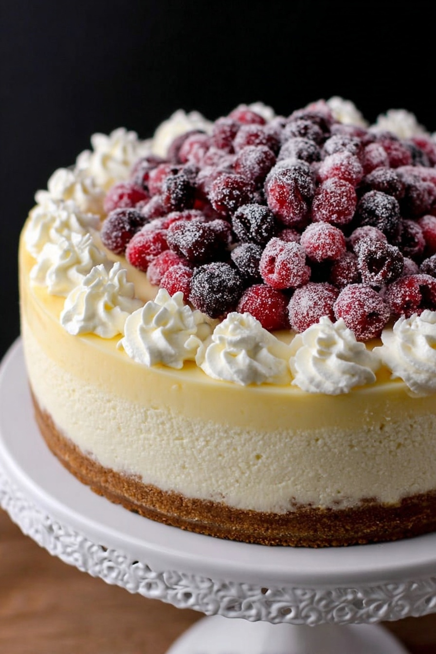 The image shows a creamy cheesecake with a thick golden-brown crust at the bottom, topped by a layer of mixed dark red and purple berries embedded in a bright red sauce. Above this is a thick, smooth white cream cheese layer, followed by a thick top layer of white whipped cream decorated with piped swirls around the edge. The cake is cut to show the inside layers clearly, and there is a pile of fresh, sugar-coated red and purple berries placed on top. The cake sits on a white decorative plate on a white marbled surface with a dark black background. Photo taken with an iphone --ar 2:3 --v 7