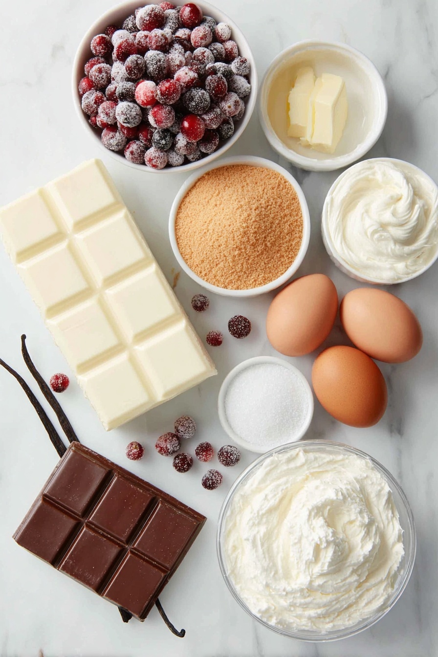 Flat lay of fresh bright red cranberries, a small bowl of white granulated sugar, a small bowl of light brown sugar, a few sticks of melted golden butter in a small white bowl, a small white bowl of smooth sour cream, two clean whole brown eggs, a split vanilla bean pod showing black seeds, a large block of white baking chocolate next to a chunk broken off, a soft white cream cheese log, a small white bowl filled with fluffy whipped topping, a simple white ceramic bowl filled with finely crushed golden graham cracker crumbs, a small white bowl of cream-colored heavy whipping cream, and a small white bowl with translucent pale yellow vanilla extract liquid, all arranged symmetrically and balanced on a clean white marble surface, soft natural light, photo taken with an iPhone, professional food photography style, fresh ingredients, white ceramic bowls, no bottles, no duplicates, no utensils, no packaging --ar 2:3 --v 7 --p m7354615311229779997