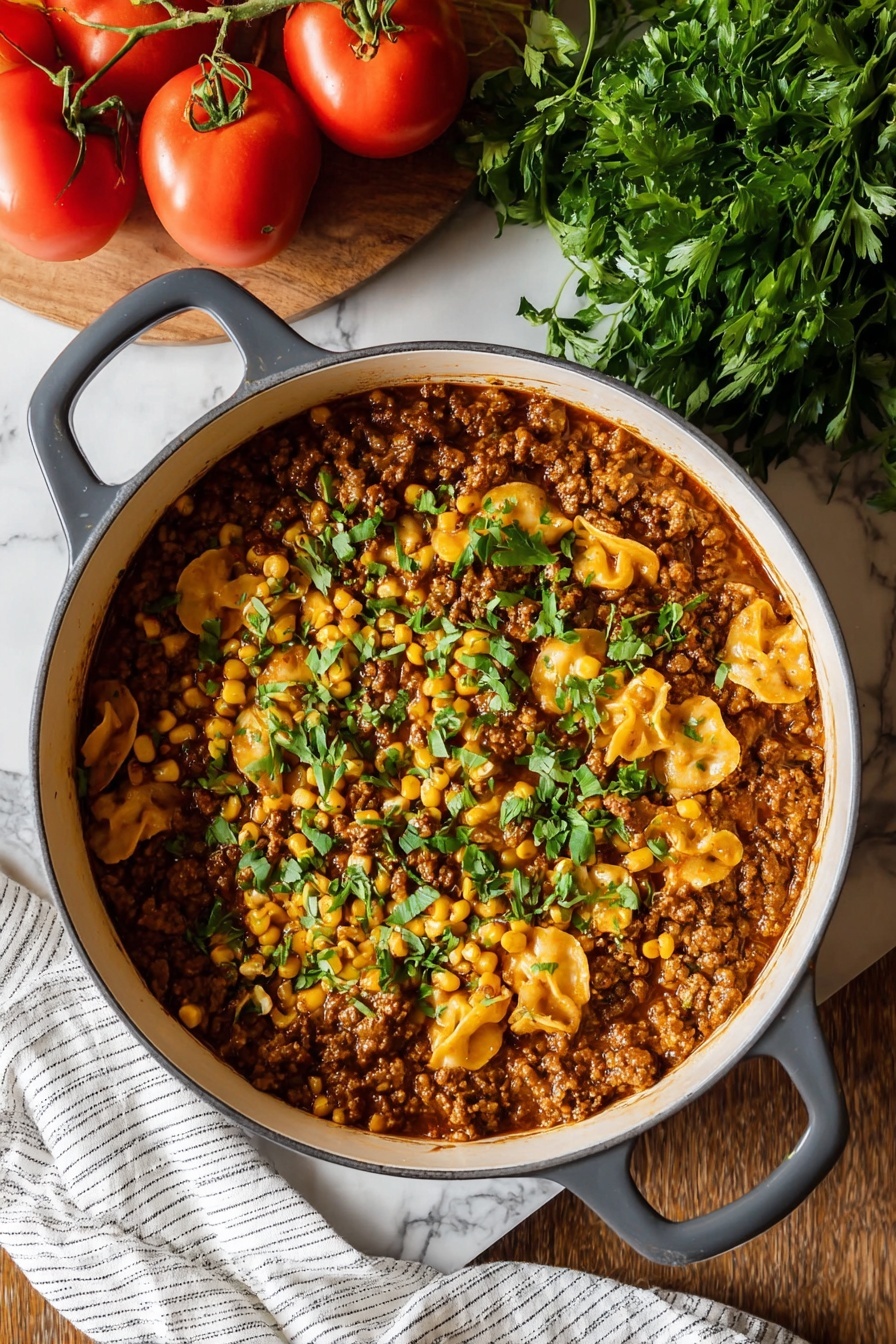 A large white pot with dark gray handles holds a dish with three main layers visible: the bottom layer is a rich brown sauce mixed with browned ground meat, next is a layer of yellow corn kernels spread evenly, and on top, folded pasta pieces are partly covered by the sauce and corn. Fresh green herb leaves are scattered over the top, adding bright color contrast. The pot sits on a white marbled surface with a bunch of fresh red tomatoes on the vine and a pile of green leafy herbs in the background. Part of a white and gray striped cloth is draped near the pot. photo taken with an iphone --ar 2:3 --v 7