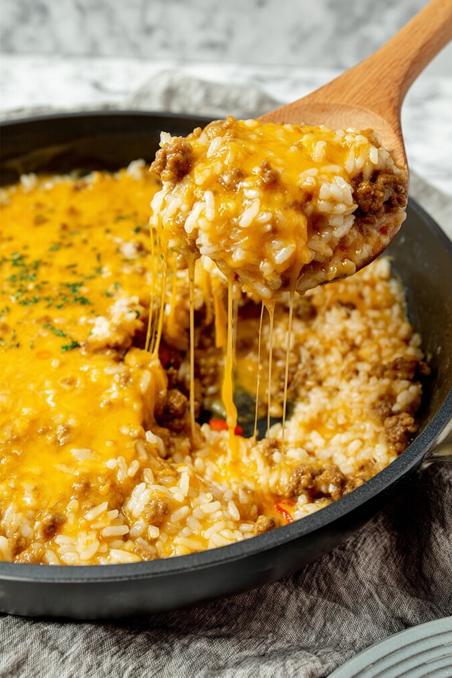 A close-up of a black pan filled with a creamy mixture of orange-yellow melted cheese, white rice, and brown ground meat with small pieces of red. A wooden spoon lifts a portion in the middle showing stretch strands of melted cheese dripping down. The pan sits on a fabric cloth, with a white marbled surface beneath and a round grey plate at the bottom right corner. Photo taken with an iphone --ar 2:3 --v 7