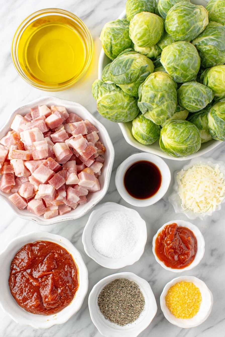 Flat lay of fresh large Brussels sprouts, diced raw bacon pieces, a small white bowl of golden olive oil, a small white bowl of coarse kosher salt, a small white bowl each of garlic powder and cracked black pepper, a small white bowl of dark glossy balsamic vinegar, a small white bowl of amber honey, a small white bowl of bright red sriracha sauce, all arranged symmetrically with perfect proportions on a clean white marble surface, soft natural light, photo taken with an iPhone, professional food photography style, fresh ingredients, white ceramic bowls, no bottles, no duplicates, no utensils, no packaging --ar 2:3 --v 7 --p m7354615311229779997