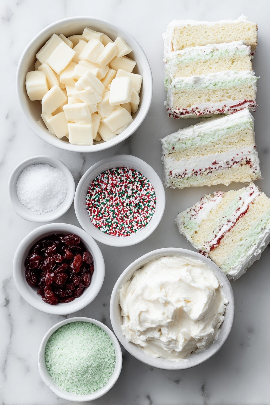 Flat lay of a few whole unwrapped Christmas tree-shaped cakes with visible green, red, and white layers, a small white bowl filled with smooth white chocolate melts, a small white bowl of colorful festive sprinkles in red, green, and white, a small white bowl with bright red candy melts, and a small white bowl of fine green sanding sugar, all arranged symmetrically on a clean white marble surface, soft natural light, photo taken with an iPhone, professional food photography style, fresh ingredients, white ceramic bowls, no bottles, no duplicates, no utensils, no packaging --ar 2:3 --v 7 --p m7354615311229779997