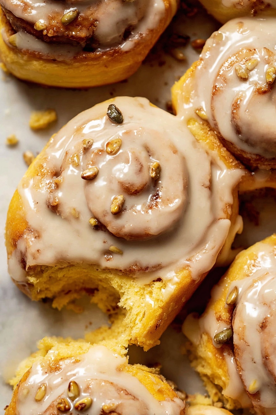 The image shows a close-up of several cinnamon rolls arranged tightly on a white marbled surface. The cinnamon rolls have a golden-brown color with visible swirls and are generously covered with a creamy tan glaze. On top of the glaze, there are scattered toasted pumpkin seeds adding a dark green and brown color contrast and a crunchy texture. The glaze pools softly between the rolls, making them look very moist and rich. Photo taken with an iphone --ar 2:3 --v 7