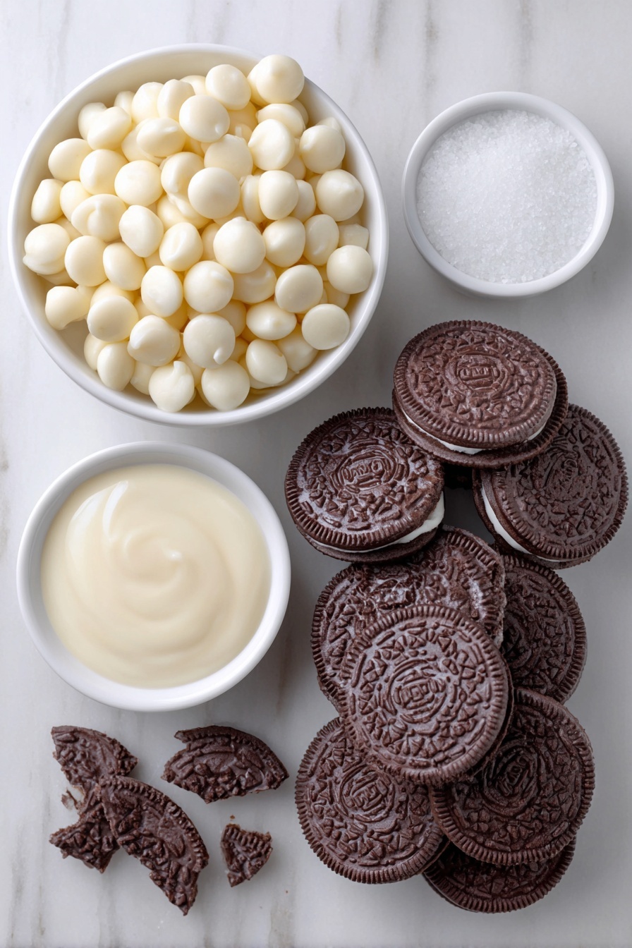 Flat lay of a small white ceramic bowl of glossy white chocolate chips, a small white ceramic bowl filled with thick sweetened condensed milk, a neat pile of ten whole Oreo cookies with dark chocolate wafers and white cream visible, a few broken Oreo cookie pieces sprinkled nearby, a tiny white ceramic bowl with fine white salt, a tiny white ceramic bowl filled with clear vanilla extract, all arranged symmetrically on a clean white marble surface, soft natural light, photo taken with an iPhone, professional food photography style, fresh ingredients, white ceramic bowls, no bottles, no duplicates, no utensils, no packaging --ar 2:3 --v 7 --p m7354615311229779997