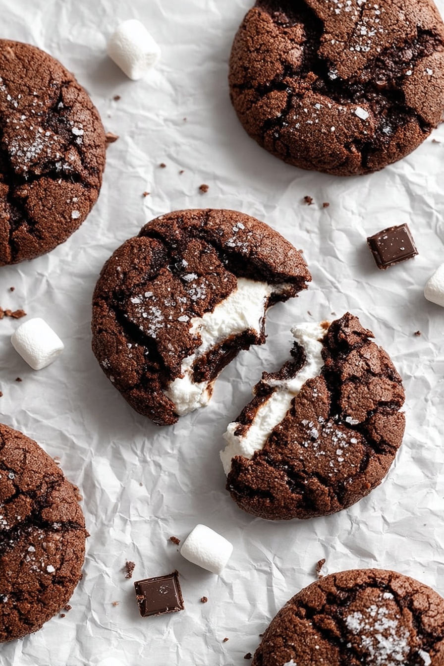 The image shows five round chocolate cookies with cracked, rough textures on the top, placed on crumpled white parchment paper over a white marbled surface. Each cookie has a rich dark brown color with sugar crystals visible on the surface. One cookie in the center is broken open, revealing a stretchy white marshmallow layer inside. Small pieces of dark chocolate and some mini marshmallows are scattered around the cookies, adding more detail to the scene. photo taken with an iphone --ar 2:3 --v 7