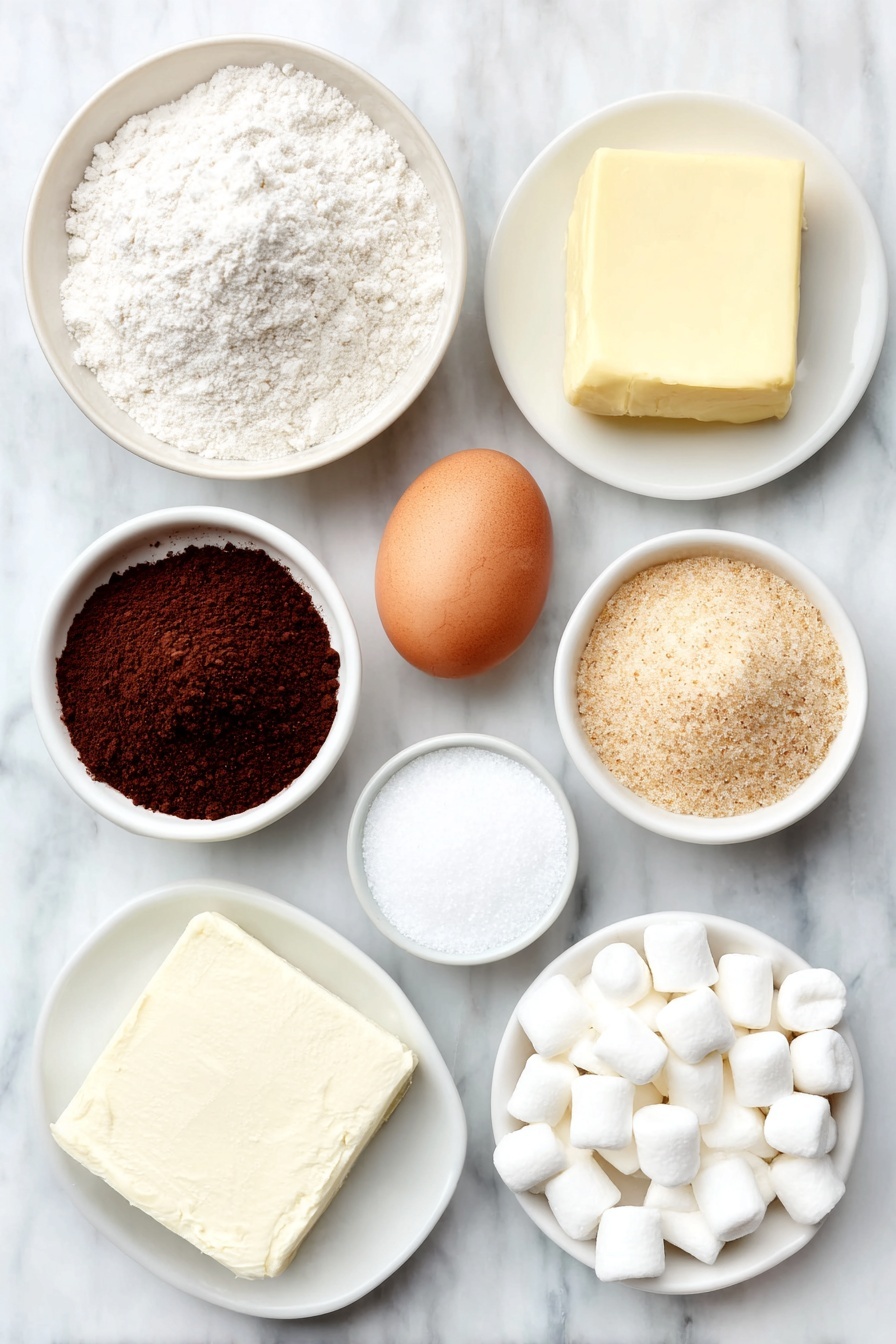 Flat lay of a small mound of all-purpose flour, a small white ceramic bowl filled with fine Dutch process cocoa powder, a separate small white bowl holding a rich dark brown cocoa mix powder, a neat pile of pale beige baking soda powder, a small heap of fine white table salt, a square of browned unsalted butter with golden milk solids visible, a soft solid disk of creamy coconut oil, a small white bowl with white granulated sugar crystals, another small white bowl filled with packed light brown sugar, one large whole egg with a clean shell, a small white bowl containing golden honey, a simple white ceramic plate scattered with mini white marshmallows, and another small white bowl holding white granulated sugar for rolling, all arranged symmetrically and proportionally, placed on a clean white marble surface, soft natural light, photo taken with an iPhone, professional food photography style, fresh ingredients, white ceramic bowls, no bottles, no duplicates, no utensils, no packaging --ar 2:3 --v 7 --p m7354615311229779997
