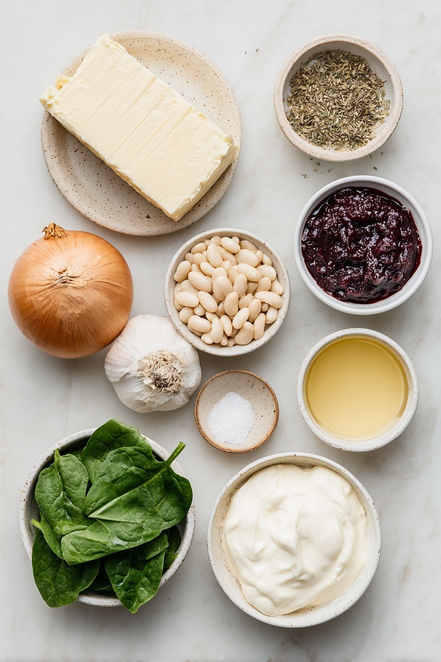 Flat lay of a small slab of unsalted butter, a whole brown onion with glossy papery skin, two whole uncracked garlic cloves, a large peeled orange carrot, a handful of dried Italian herb mix in a small pile, a small white ceramic bowl filled with deep red tomato paste, a small white ceramic bowl holding pale yellow dry white wine, a small white ceramic bowl containing light golden chicken or vegetable stock, a small white ceramic bowl filled with creamy white cannellini beans, a small mound of freshly grated pale yellow parmesan cheese, a small white ceramic bowl with fine white salt, a small white ceramic bowl with ground black pepper, a loose bunch of fresh bright green baby spinach leaves, a small white ceramic bowl containing thick off-white heavy cream, all arranged with perfect symmetry and balanced proportions, placed on a clean white marble surface, soft natural light, photo taken with an iPhone, professional food photography style, fresh ingredients, white ceramic bowls, no bottles, no duplicates, no utensils, no packaging --ar 2:3 --v 7 --p m7354615311229779997