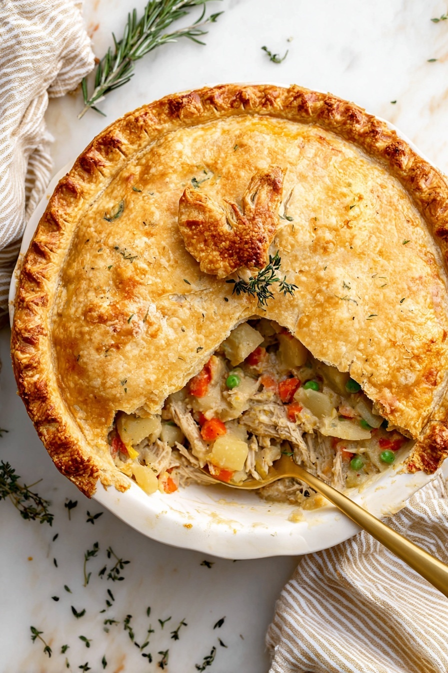 This image shows a close-up of a white bowl holding a thick chicken and vegetable pot pie with two visible layers. The top layer is a golden-brown crust with a rough, crumbly texture, decorated with green sprigs of rosemary. The bottom layer is a creamy filling with bright orange carrot slices, yellow potato chunks, green peas, and shredded chicken mixed with a light sauce, all sprinkled with small bits of fresh green herbs. A golden spoon is partially buried in the filling on the right side, scooping up some of the ingredients. The bowl is set on a white marbled surface. photo taken with an iphone --ar 2:3 --v 7