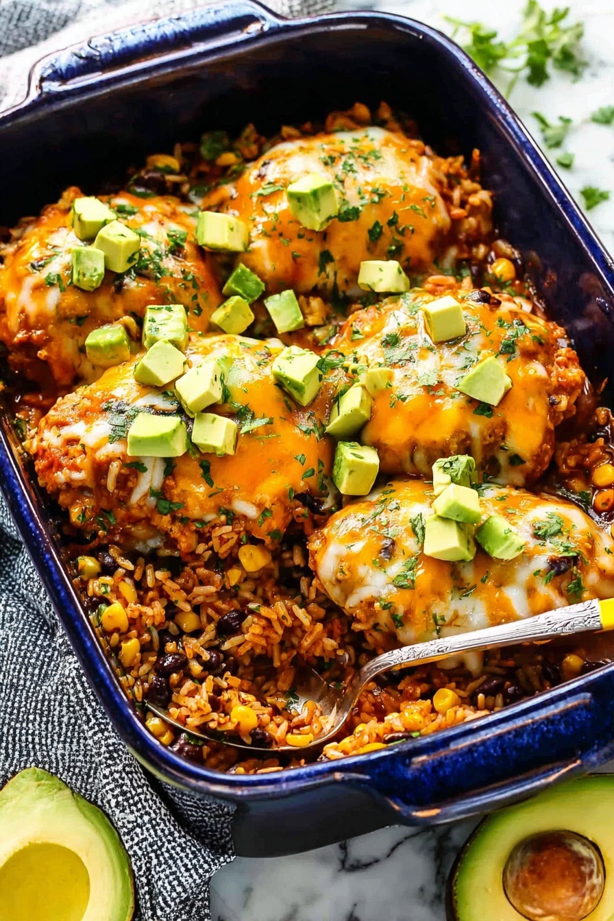 The image shows a dark blue rectangular baking dish filled with baked chicken layered with melted cheddar and mozzarella cheese on top, sprinkled with chopped green herbs. Bright green avocado cubes are scattered over the cheesy chicken. The chicken sits on a layer of rice mixed with black beans and green herbs. The dish is close up, highlighting the gooey cheese texture and the fresh, cubed avocado on a white marbled surface. Photo taken with an iphone --ar 2:3 --v 7