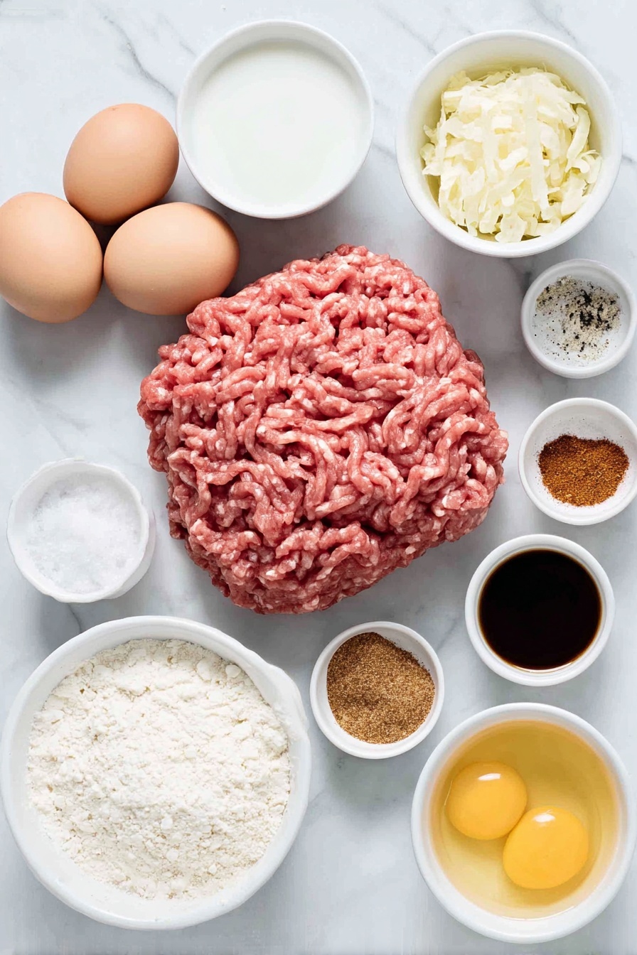 Flat lay of fresh lean ground beef shaped in a loose mound, two whole uncracked brown eggs, a small pile of crushed saltine crackers, a small heap of dried minced onion, a small white ceramic bowl filled with milk, a small white ceramic bowl holding light brown granulated brown sugar, a small white ceramic bowl of garlic powder, a small white ceramic bowl of onion powder, a small white ceramic bowl of salt, a small white ceramic bowl with chili powder, a small white ceramic bowl with smoked paprika, a small white ceramic bowl containing ground cumin, a small white ceramic bowl with black pepper, a small white ceramic bowl of bright red hot sauce, a small white ceramic bowl filled with golden honey, a small white ceramic bowl with glossy apricot preserves, a small white ceramic bowl holding dark reduced sodium soy sauce, a small white ceramic bowl of white cornstarch powder, placed on a clean white marble surface, soft natural light, photo taken with an iPhone, professional food photography style, fresh ingredients, white ceramic bowls, no bottles, no duplicates, no utensils, no packaging --ar 2:3 --v 7 --p m7354615311229779997