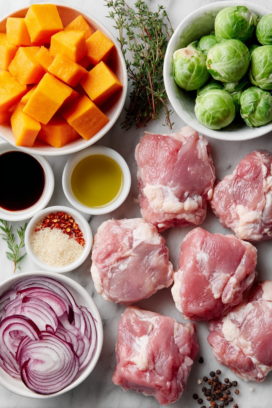 Flat lay of six raw boneless skinless chicken thighs, a small white bowl of cubed fresh butternut squash, a small white bowl of halved fresh brussels sprouts, a small white bowl of thinly sliced red onion, a small white bowl of golden olive oil, a small white bowl of dark soy sauce, a small white bowl of amber maple syrup, a small white bowl of light amber sesame oil, a small white bowl of finely grated fresh ginger, a small white bowl of red pepper flakes, a few sprigs of fresh thyme, coarse salt crystals, and whole black peppercorns, all arranged symmetrically on a clean white marble surface, soft natural light, photo taken with an iPhone, professional food photography style, fresh ingredients, white ceramic bowls, no bottles, no duplicates, no utensils, no packaging --ar 2:3 --v 7 --p m7354615311229779997